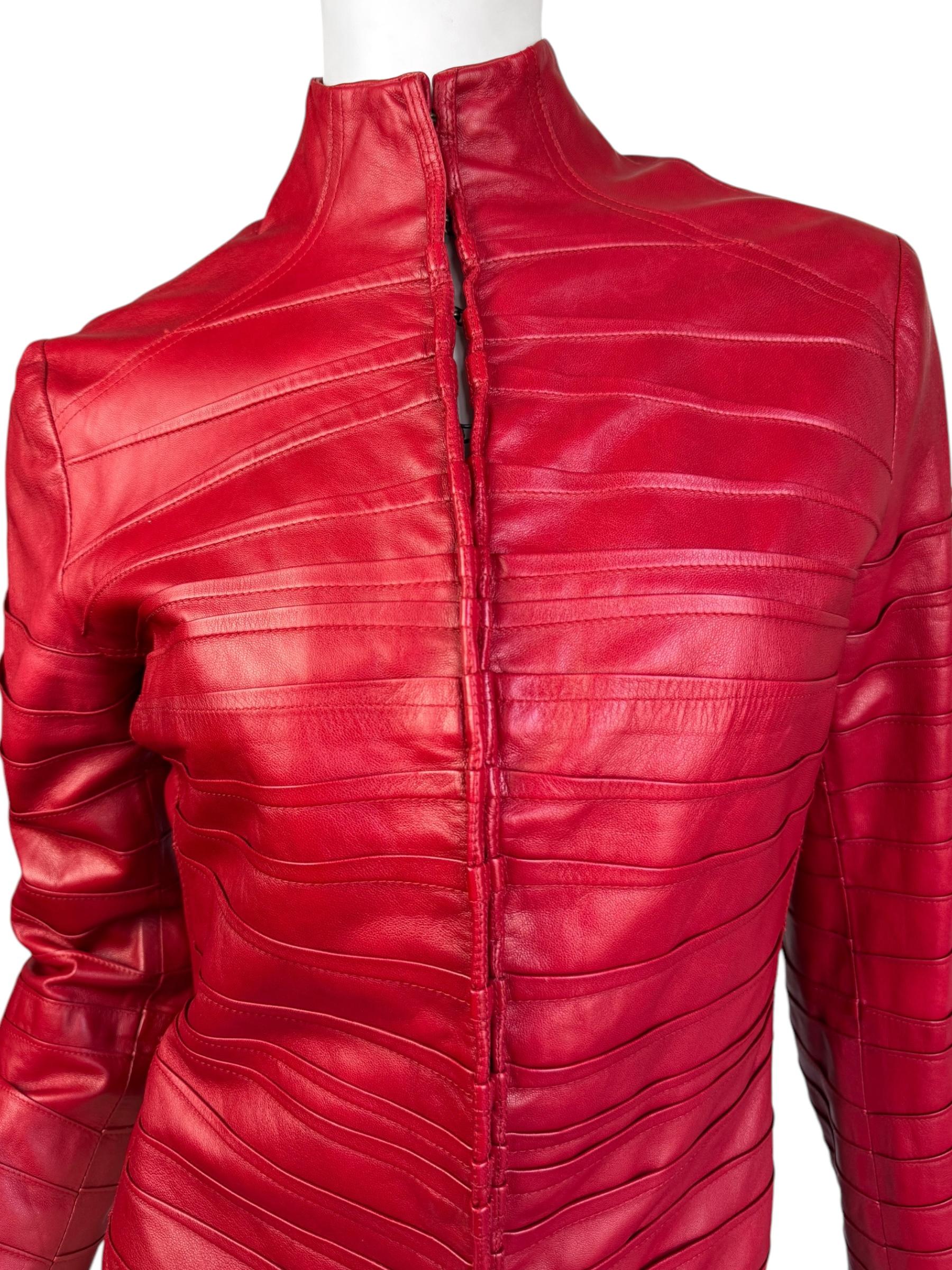 PLEIN SUD FAYÇAL AMOR ss2004 RED LAMB LEATHER DARTED JACKET For Sale 1