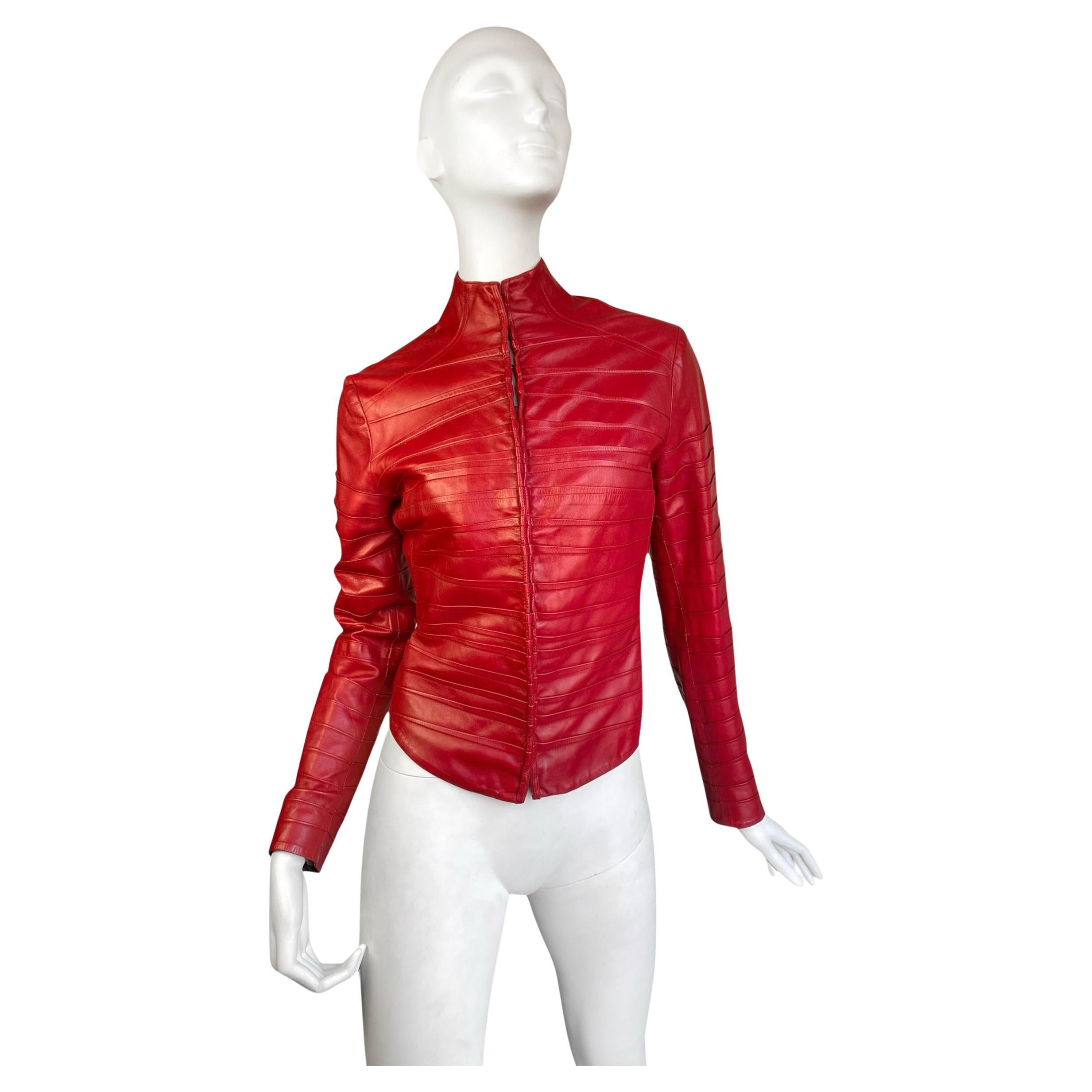 PLEIN SUD FAYÇAL AMOR ss2004 RED LAMB LEATHER DARTED JACKET For Sale