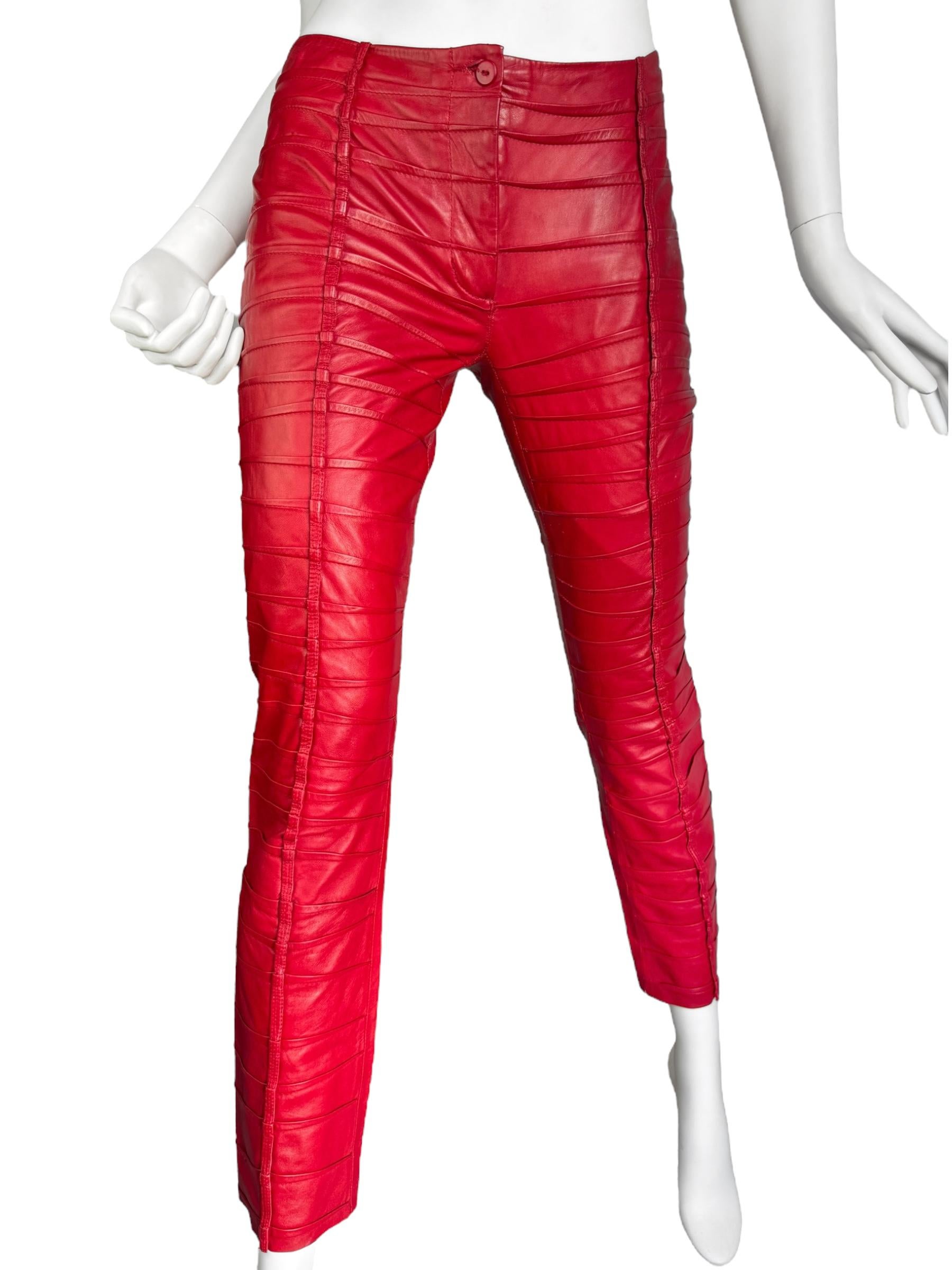 Red PLEIN SUD FAYÇAL AMOR ss2004 RED LAMB LEATHER DARTED PANTS For Sale