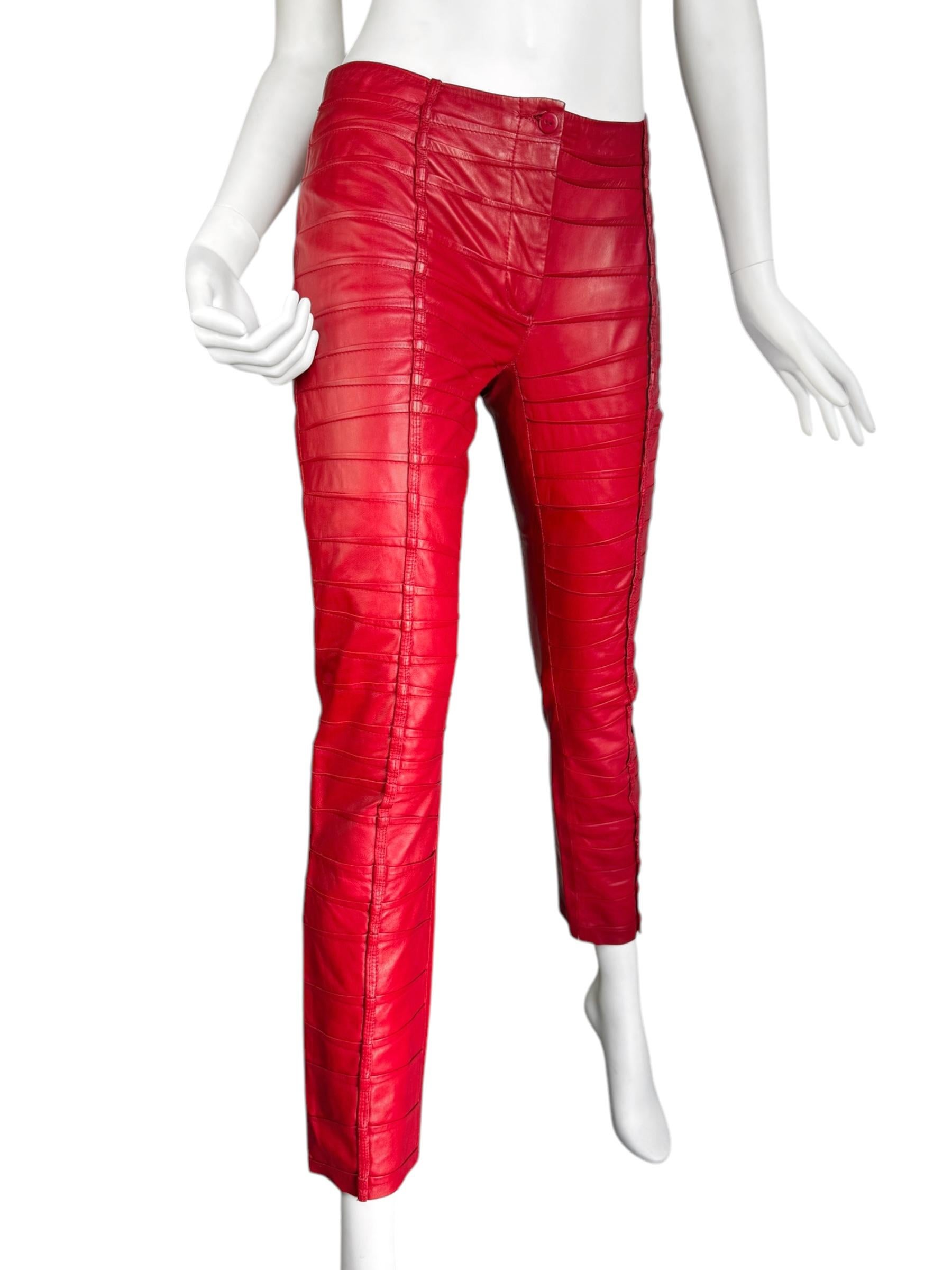 Women's or Men's PLEIN SUD FAYÇAL AMOR ss2004 RED LAMB LEATHER DARTED PANTS For Sale