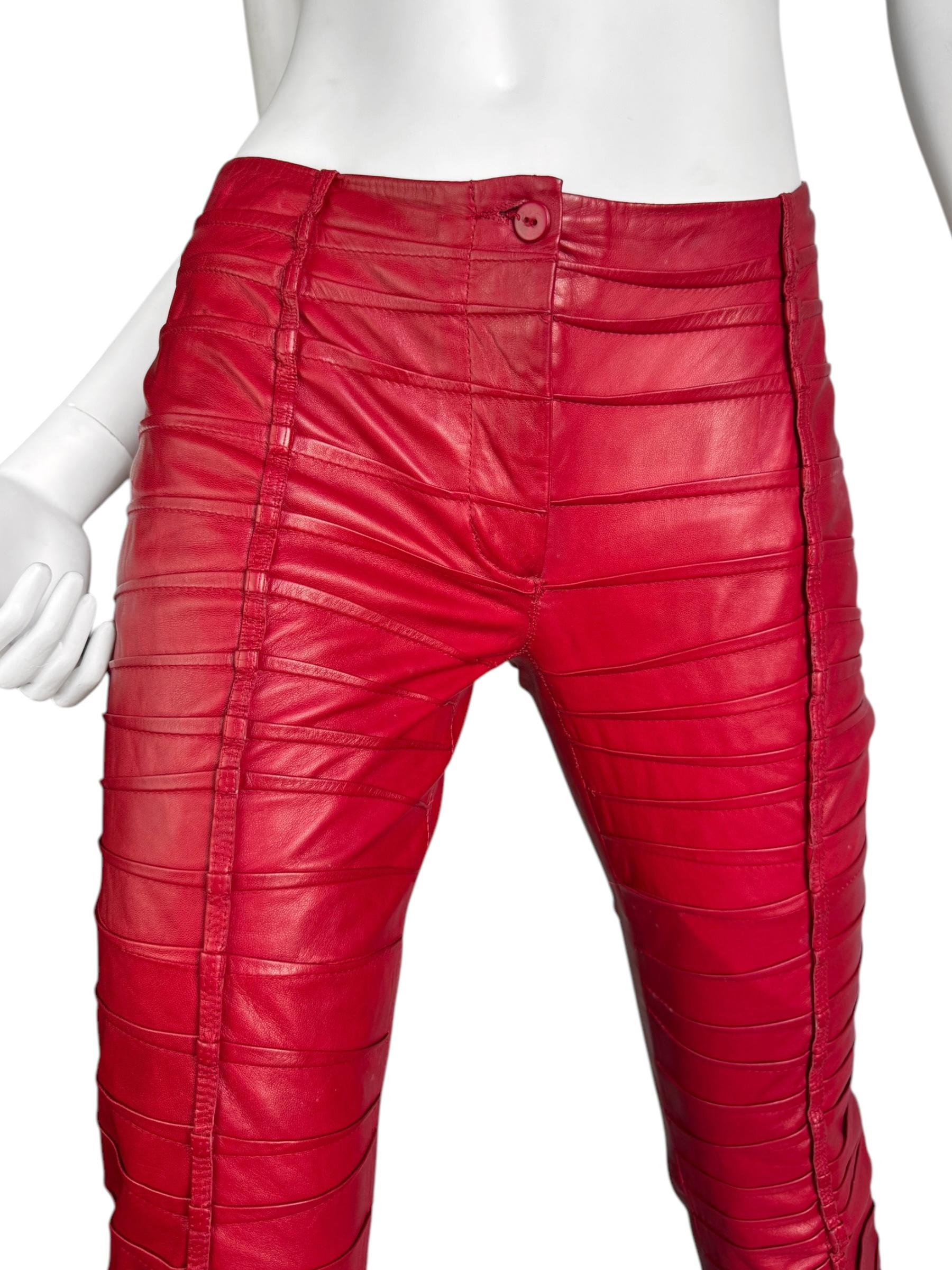 PLEIN SUD FAYÇAL AMOR ss2004 RED LAMB LEATHER DARTED PANTS For Sale 1