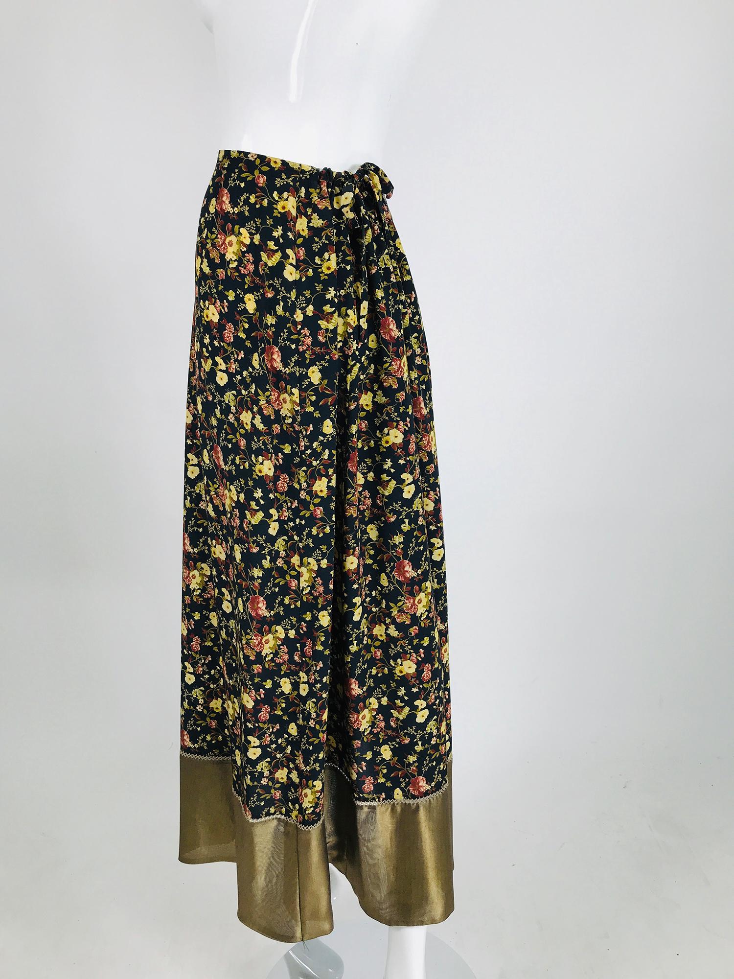 Plein Sud Floral Silk Prairie Maxi Skirt with Gold Hem  In Excellent Condition In West Palm Beach, FL