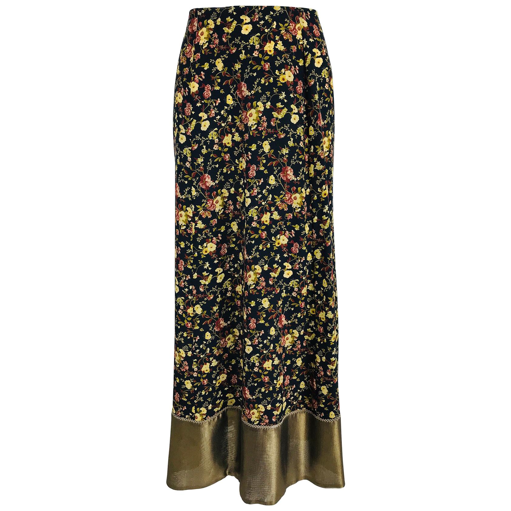 Plein Sud Floral Silk Prairie Maxi Skirt with Gold Hem 