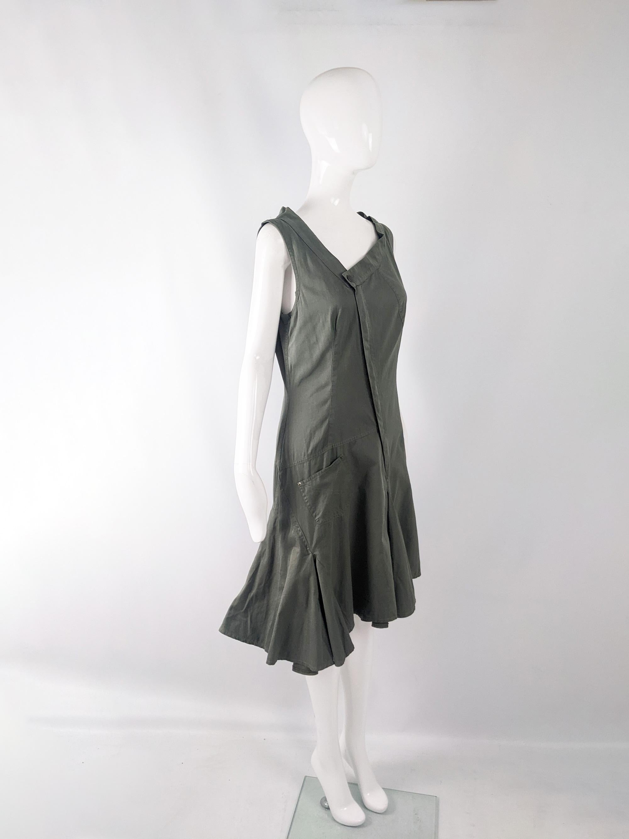 Plein Sud Jeans Vintage Khaki Green Asymmetric Avant Garde Dress, 1990s For Sale 2