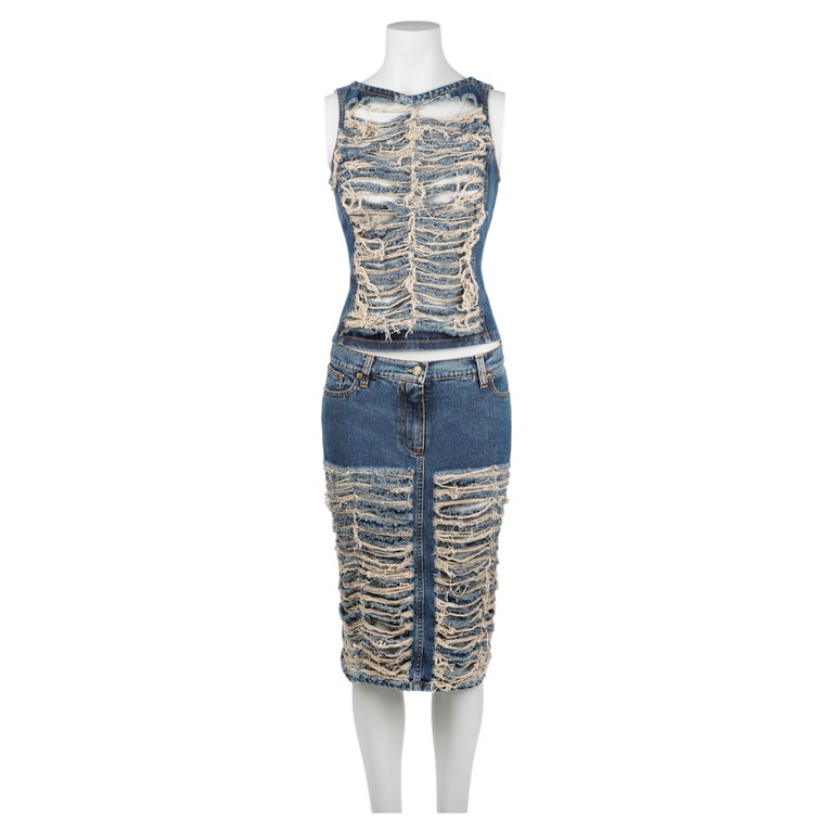 plein sud denim dress Jeans Y2K Distressed Two-Piece Set Worn by Mary J. Blige Size S champagne junior bridesmaid dresses inexpensive homecoming dresses Skirt founded in 1998 Options:MA = W 27-29, HH 33.25-34.75, LH 36-37.5