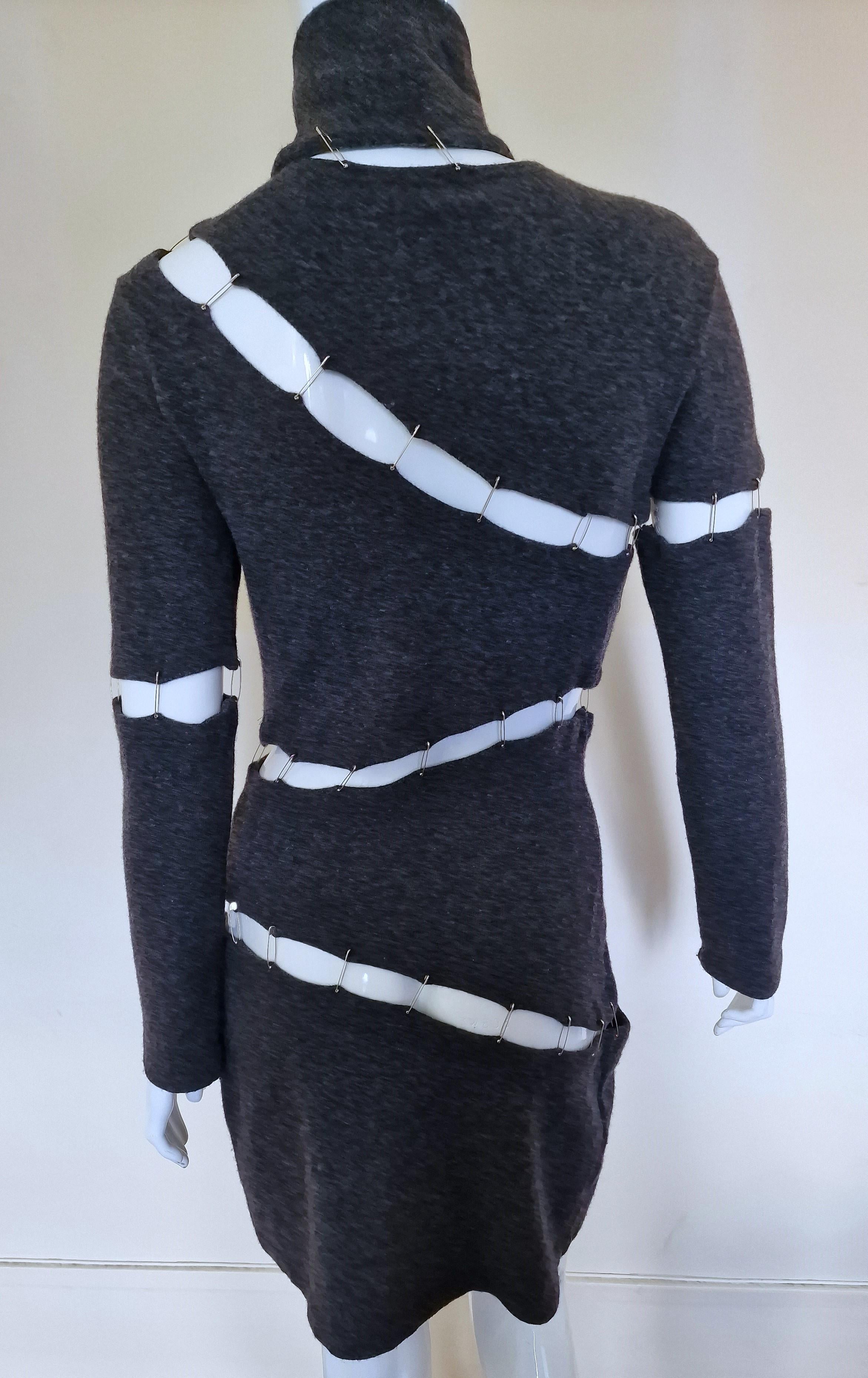 Plein Sud Safety Pin Panel Cut Out Cutout Wool Bondage Grey Large Medium Dress For Sale 5