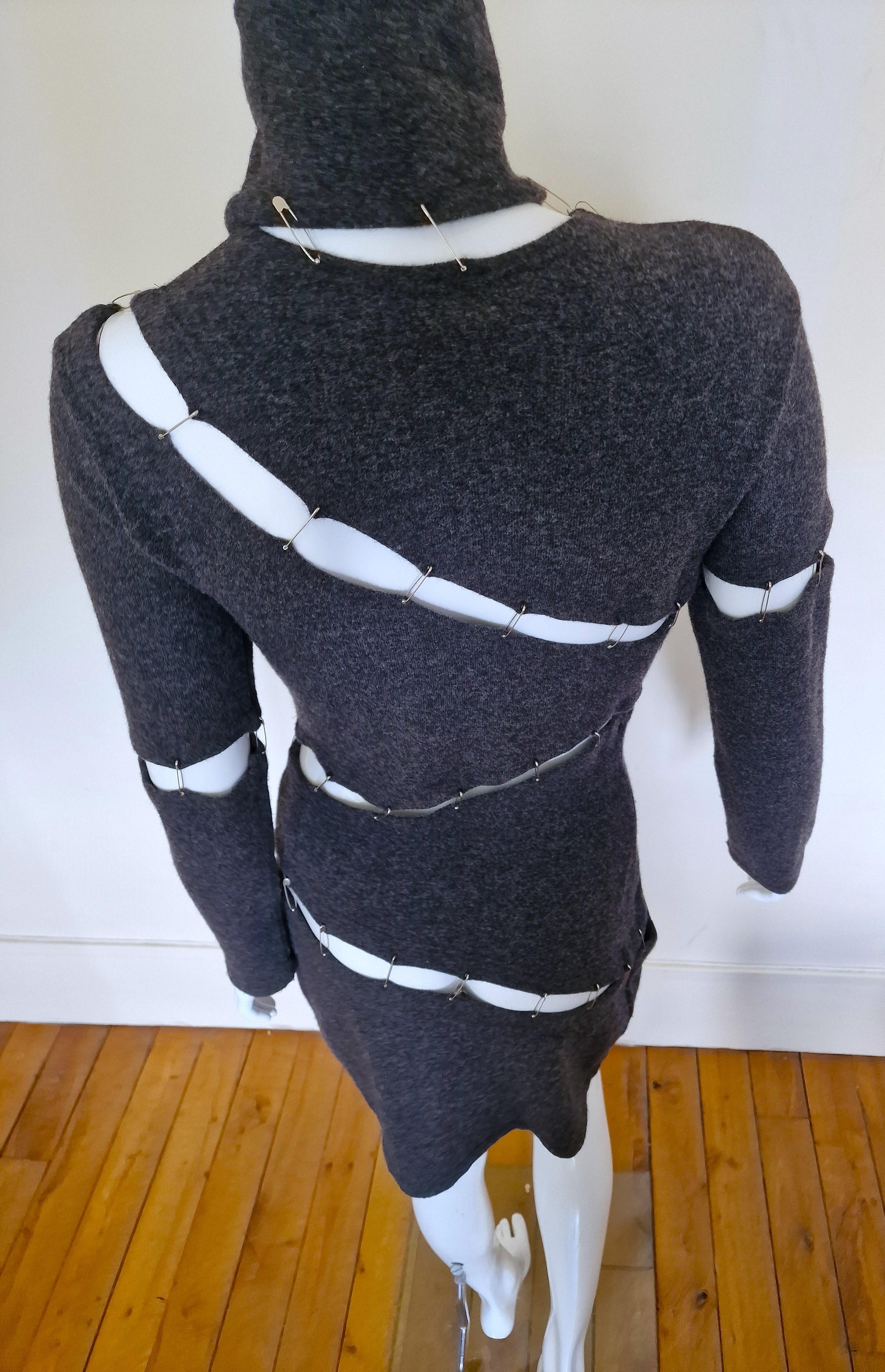 Plein Sud Safety Pin Panel Cut Out Cutout Wool Bondage Grey Large Medium Dress For Sale 6