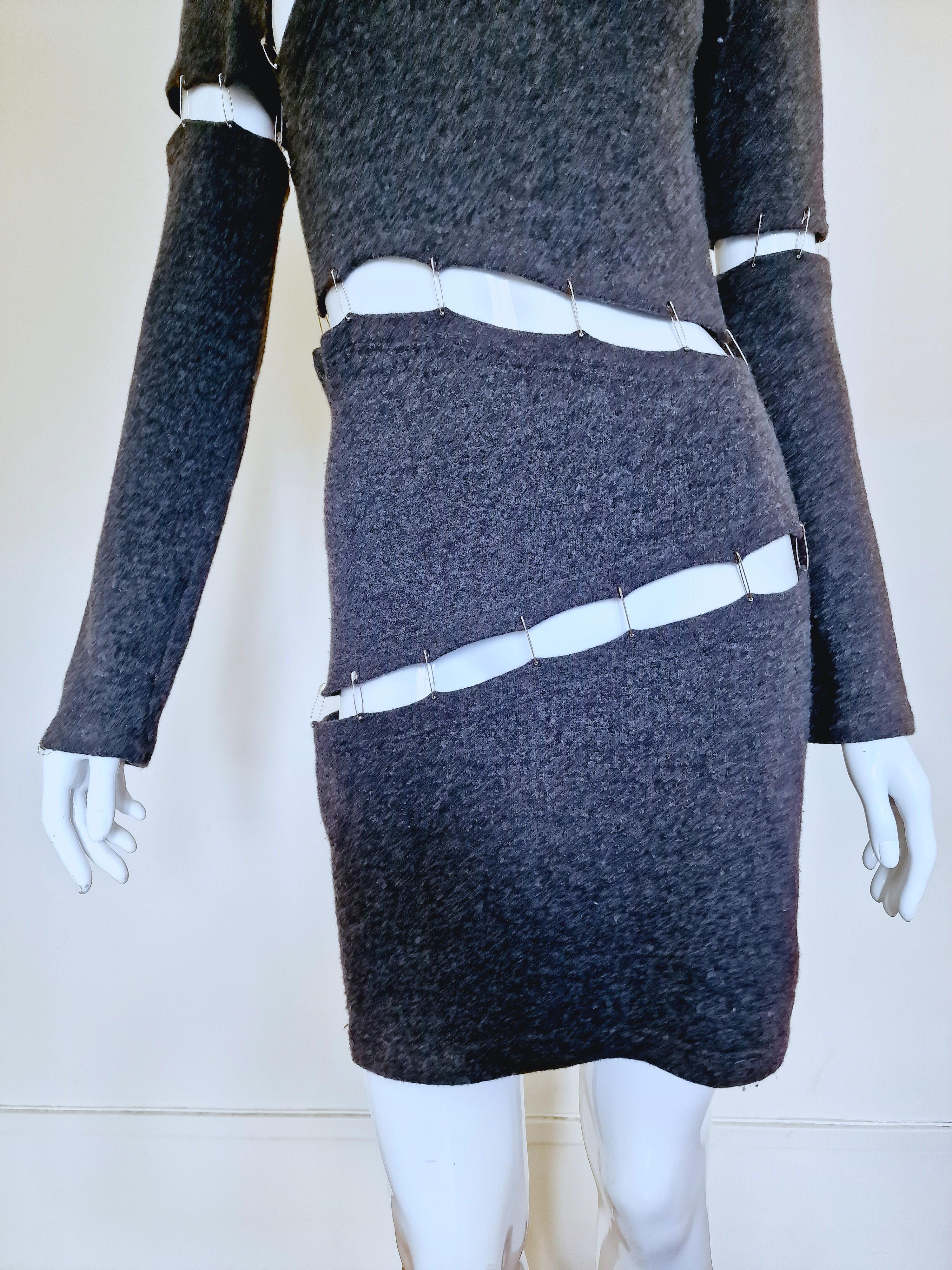 Black Plein Sud Safety Pin Panel Cut Out Cutout Wool Bondage Grey Large Medium Dress For Sale