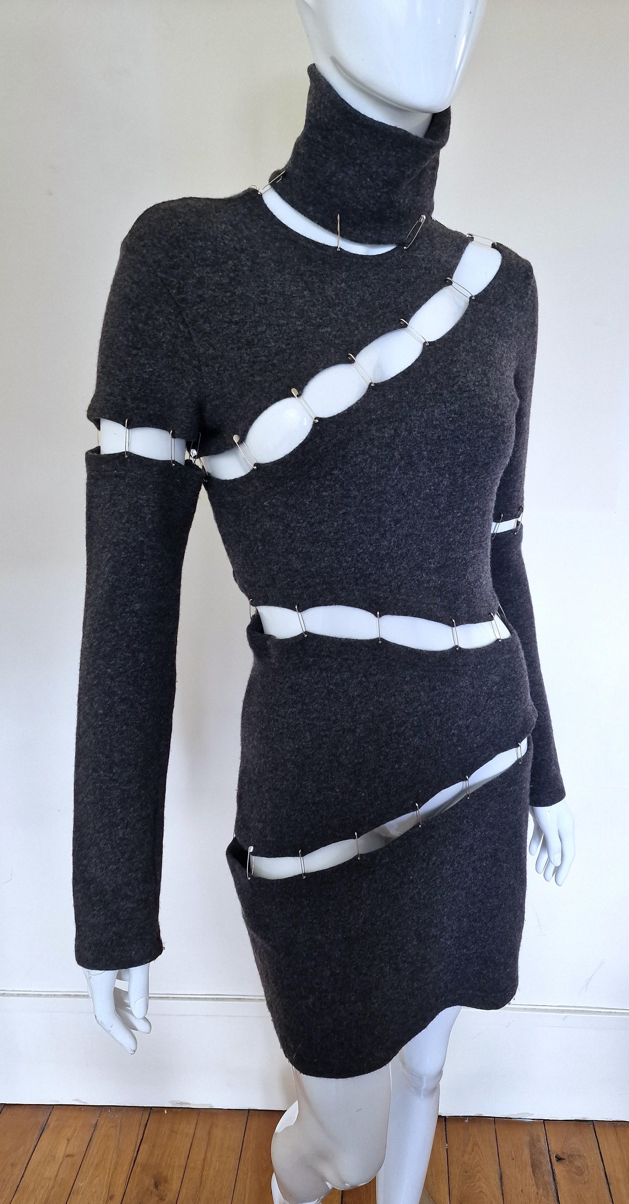 Women's Plein Sud Safety Pin Panel Cut Out Cutout Wool Bondage Grey Large Medium Dress For Sale