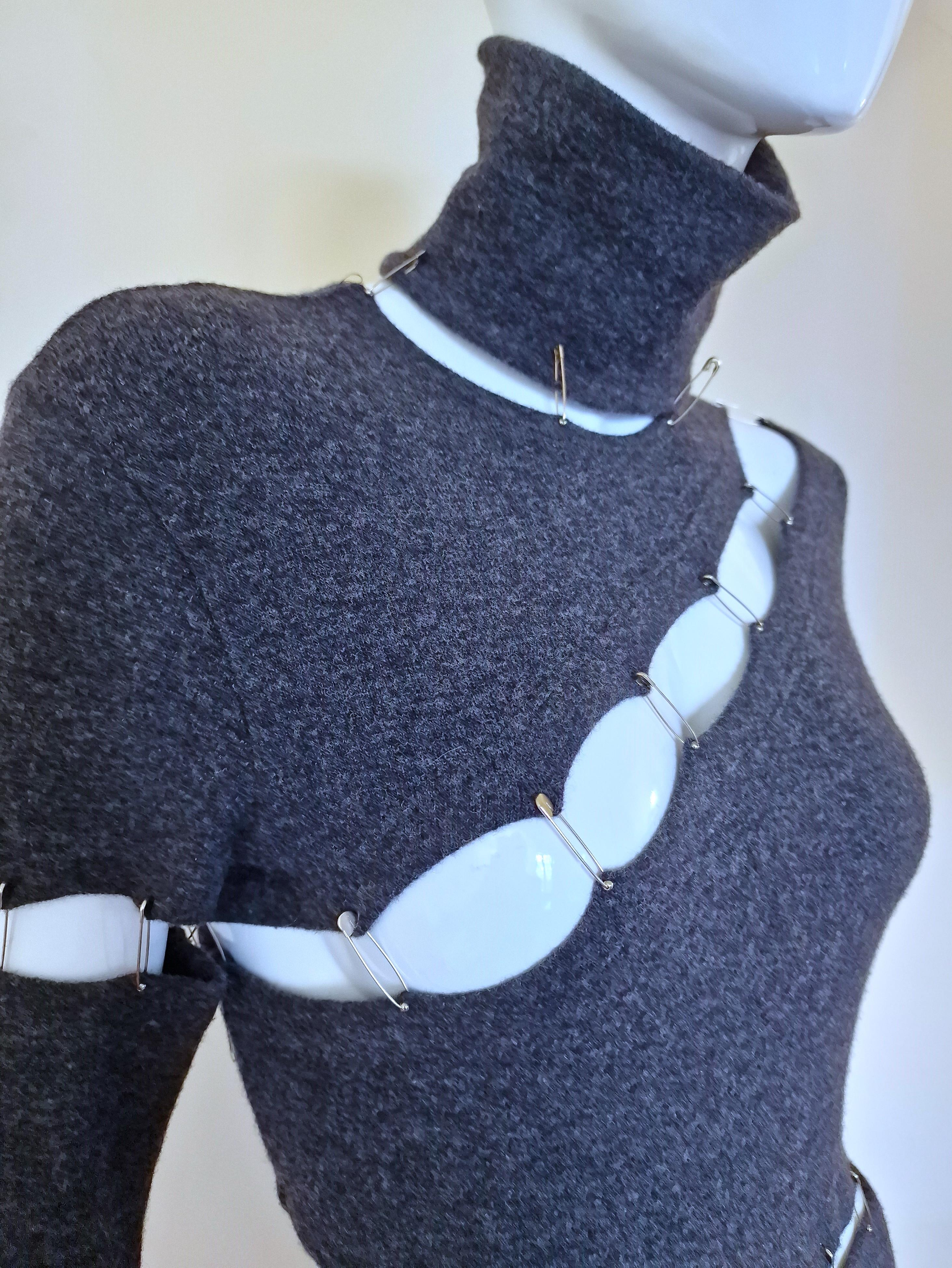Plein Sud Safety Pin Panel Cut Out Cutout Wool Bondage Grey Large Medium Dress For Sale 1