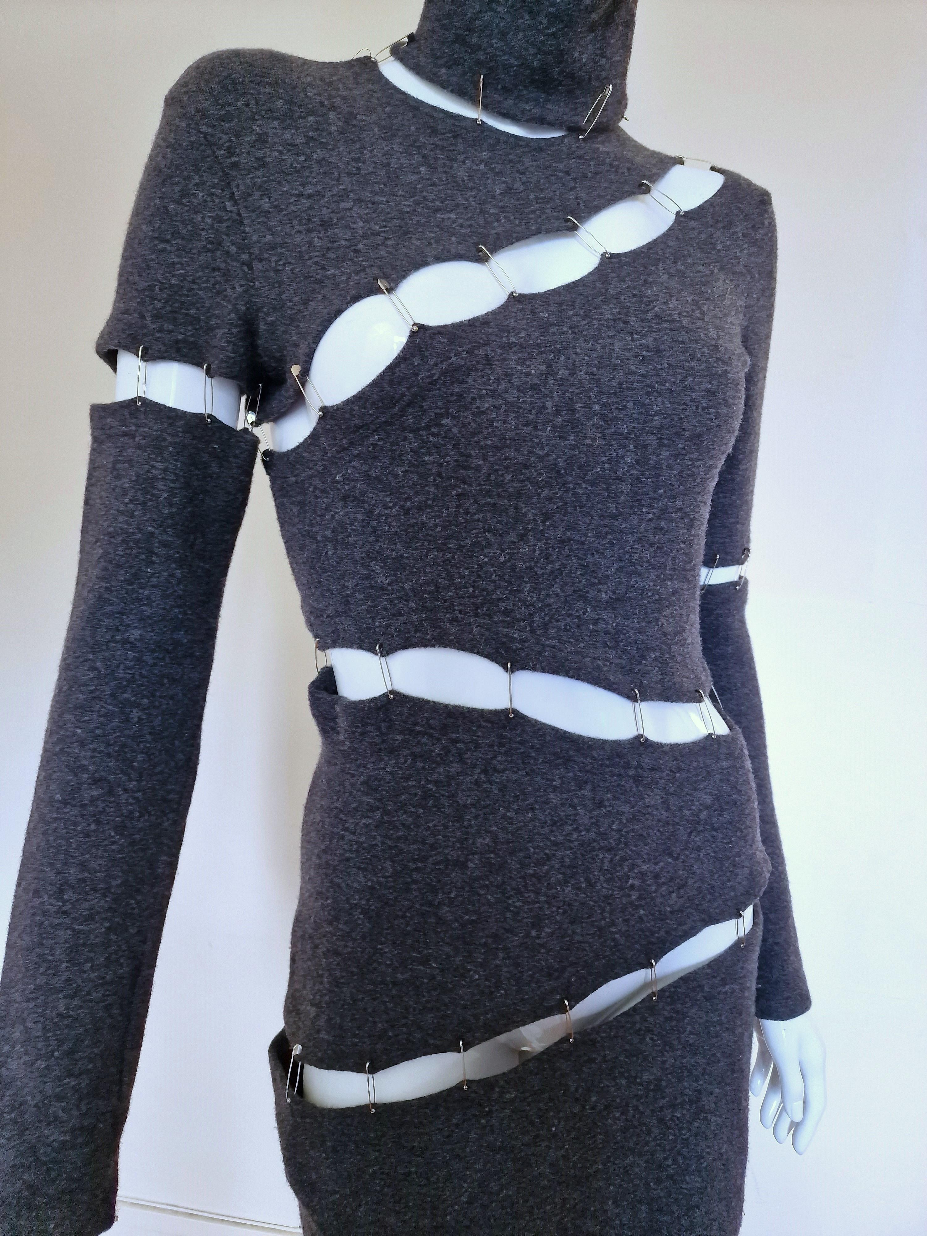 Plein Sud Safety Pin Panel Cut Out Cutout Wool Bondage Grey Large Medium Dress For Sale 2