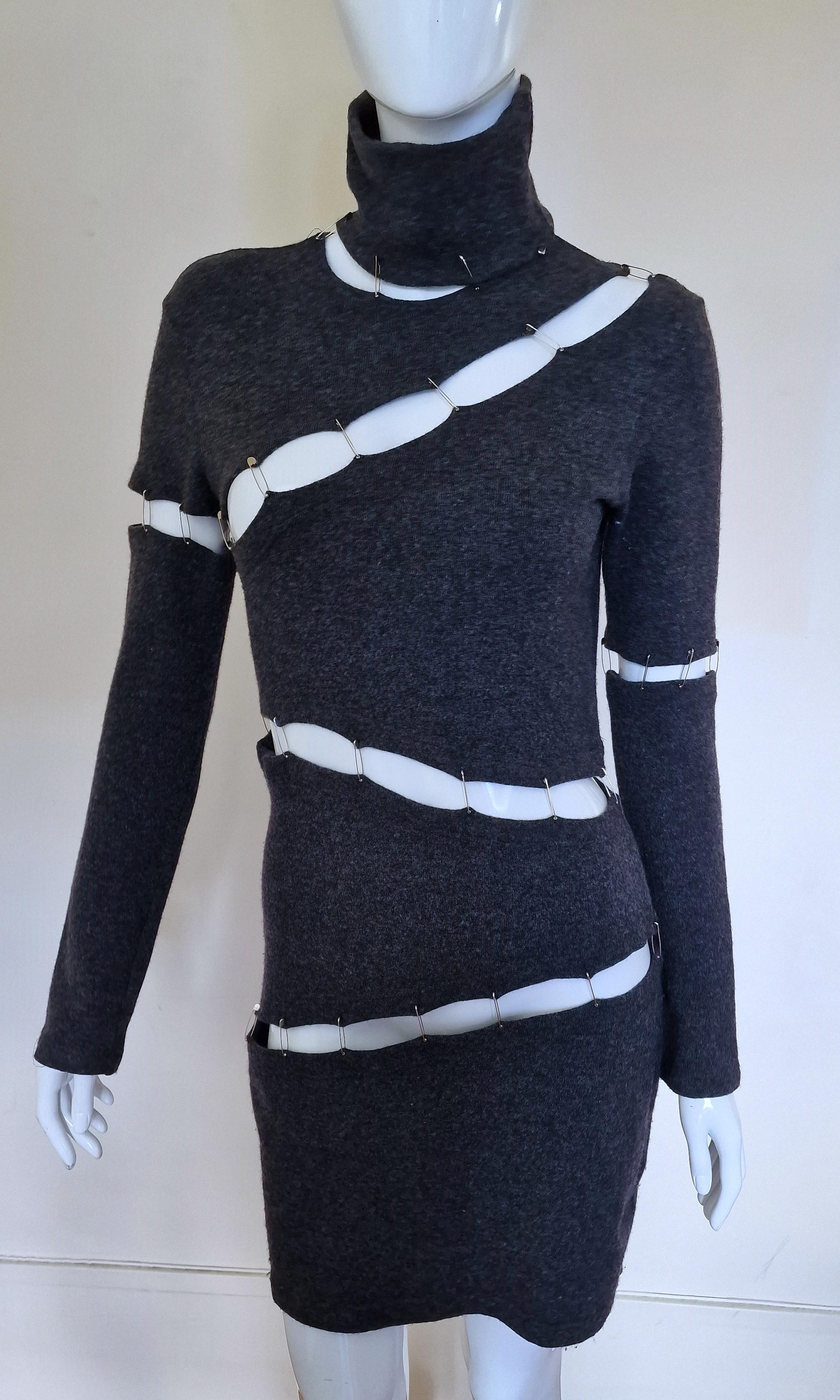 Plein Sud Safety Pin Panel Cut Out Cutout Wool Bondage Grey Large Medium Dress For Sale 4