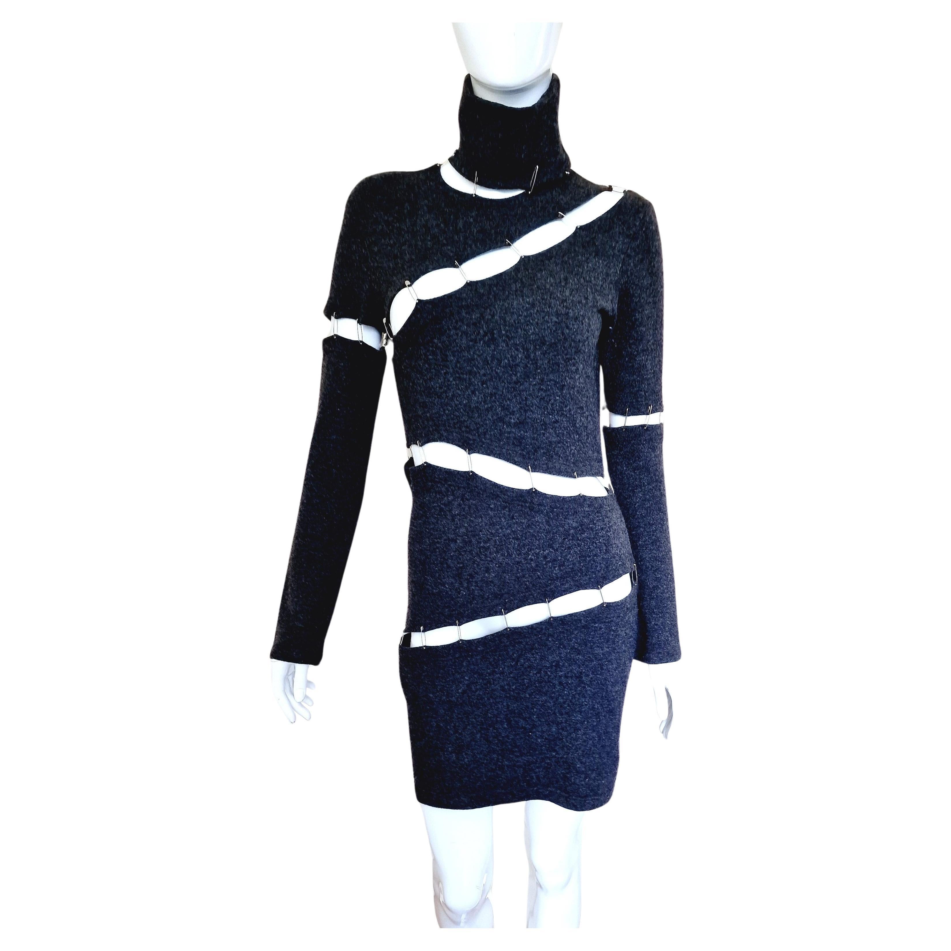 Plein Sud Safety Pin Panel Cut Out Cutout Wool Bondage Grey Large Medium Dress For Sale