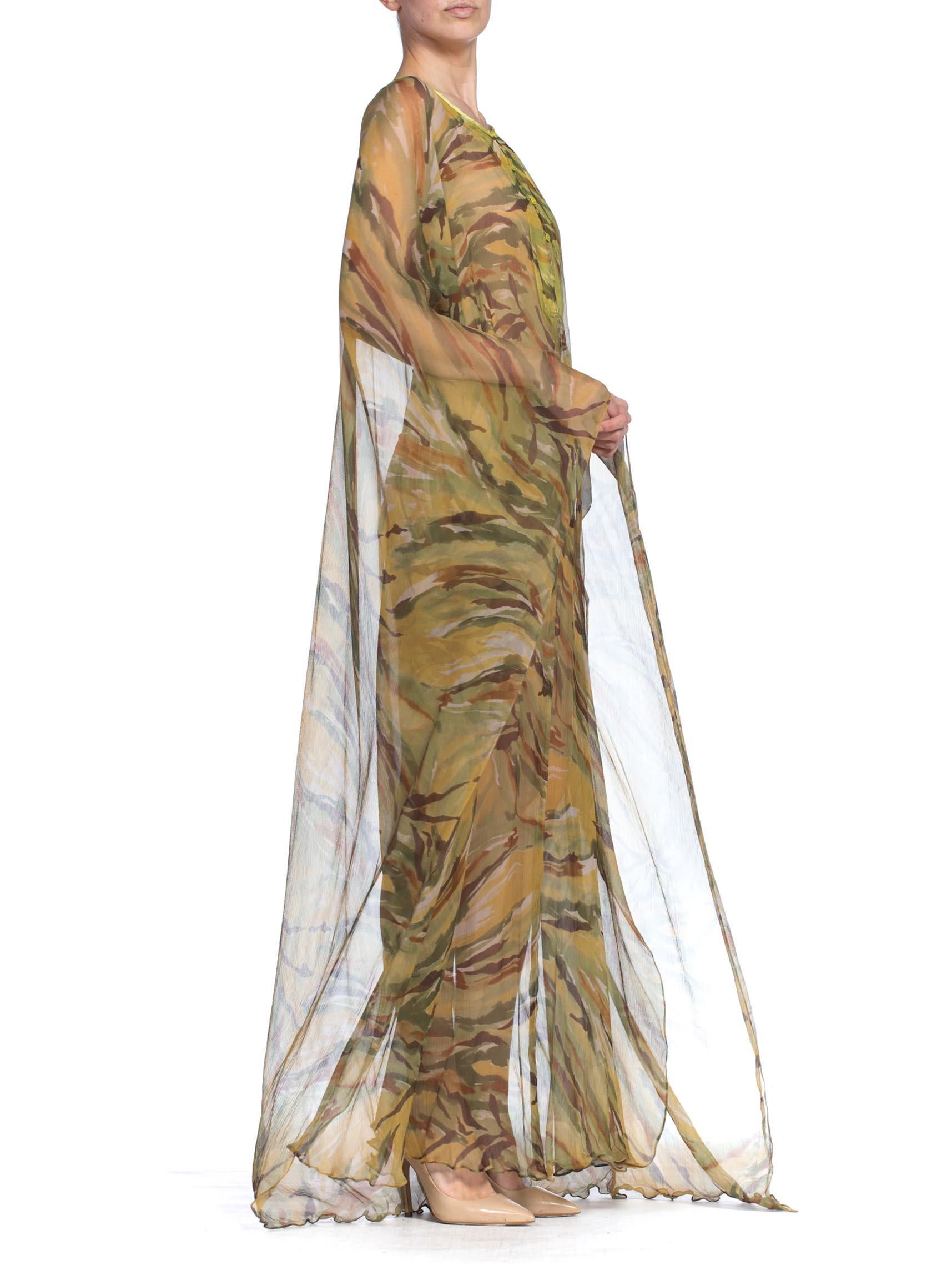 1990S Plein Sud Earth Tone Abstract Camo Silk Chiffon Sheer  Kaftan In Good Condition In New York, NY