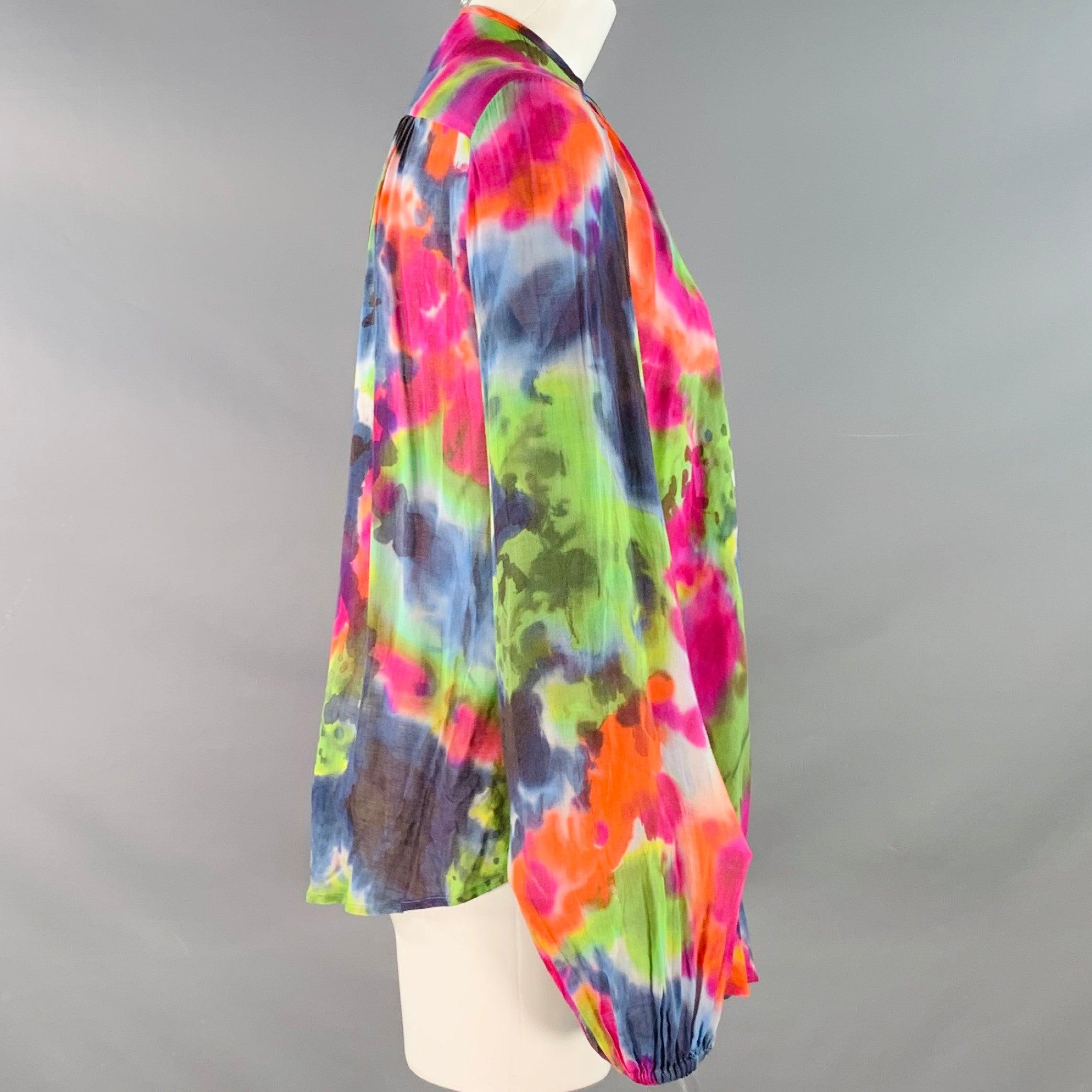 PLEIN SUD casual top
in a vibrant multicolor silk featuring a tie dye pattern, long sleeves with elasticated cuffs, and V-neck with tie closure. Made in Italy.Very Good Pre-Owned Condition. Minor marks which are well hidden by pattern. 

Marked:  