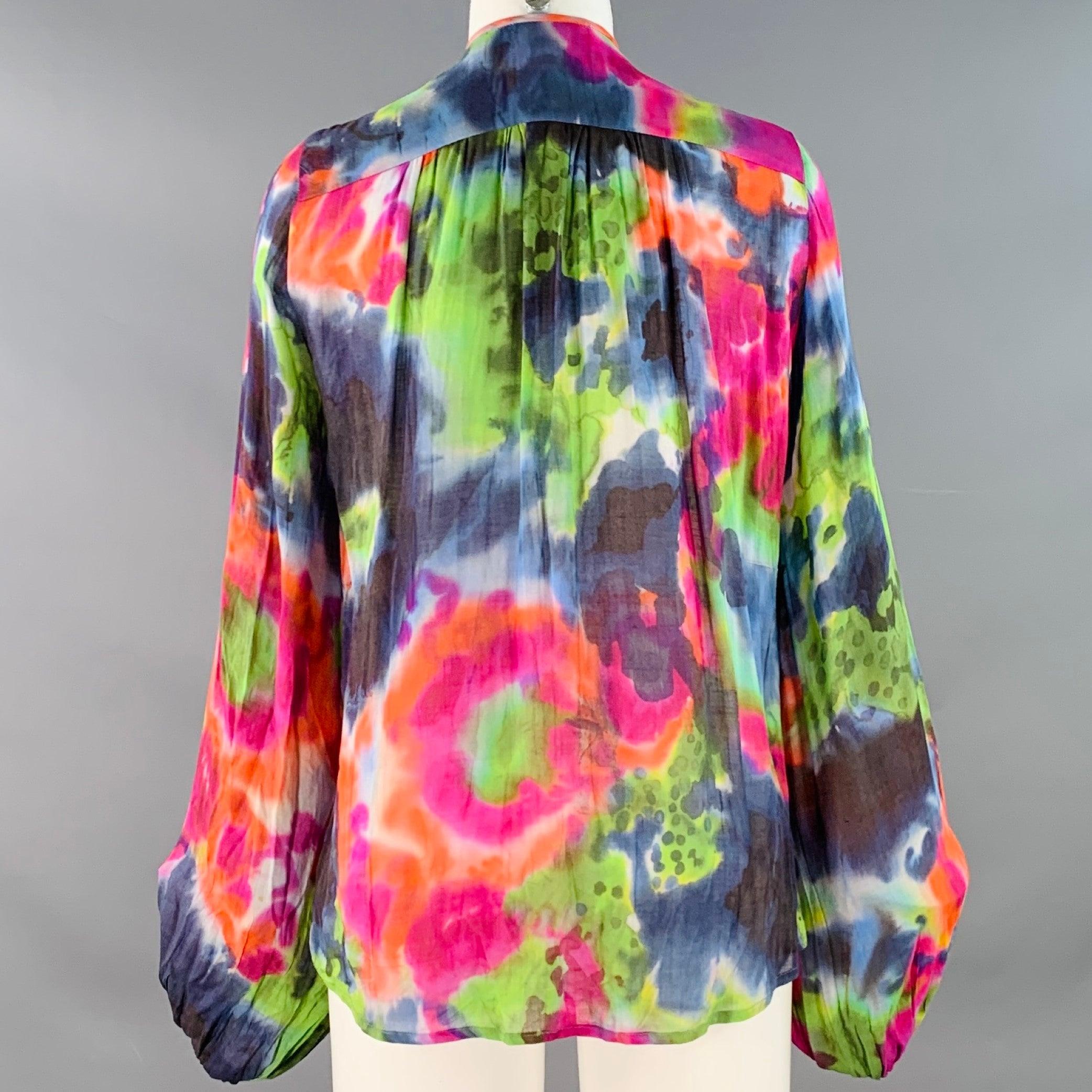 Beige PLEIN SUD Size 6 Multi Color Silk Tie Dye V-Neck Peasant Blouse Casual Top For Sale