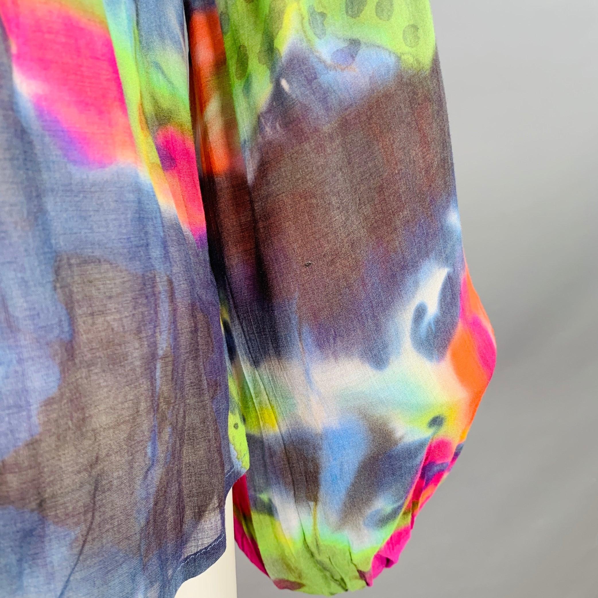 Women's PLEIN SUD Size 6 Multi Color Silk Tie Dye V-Neck Peasant Blouse Casual Top For Sale