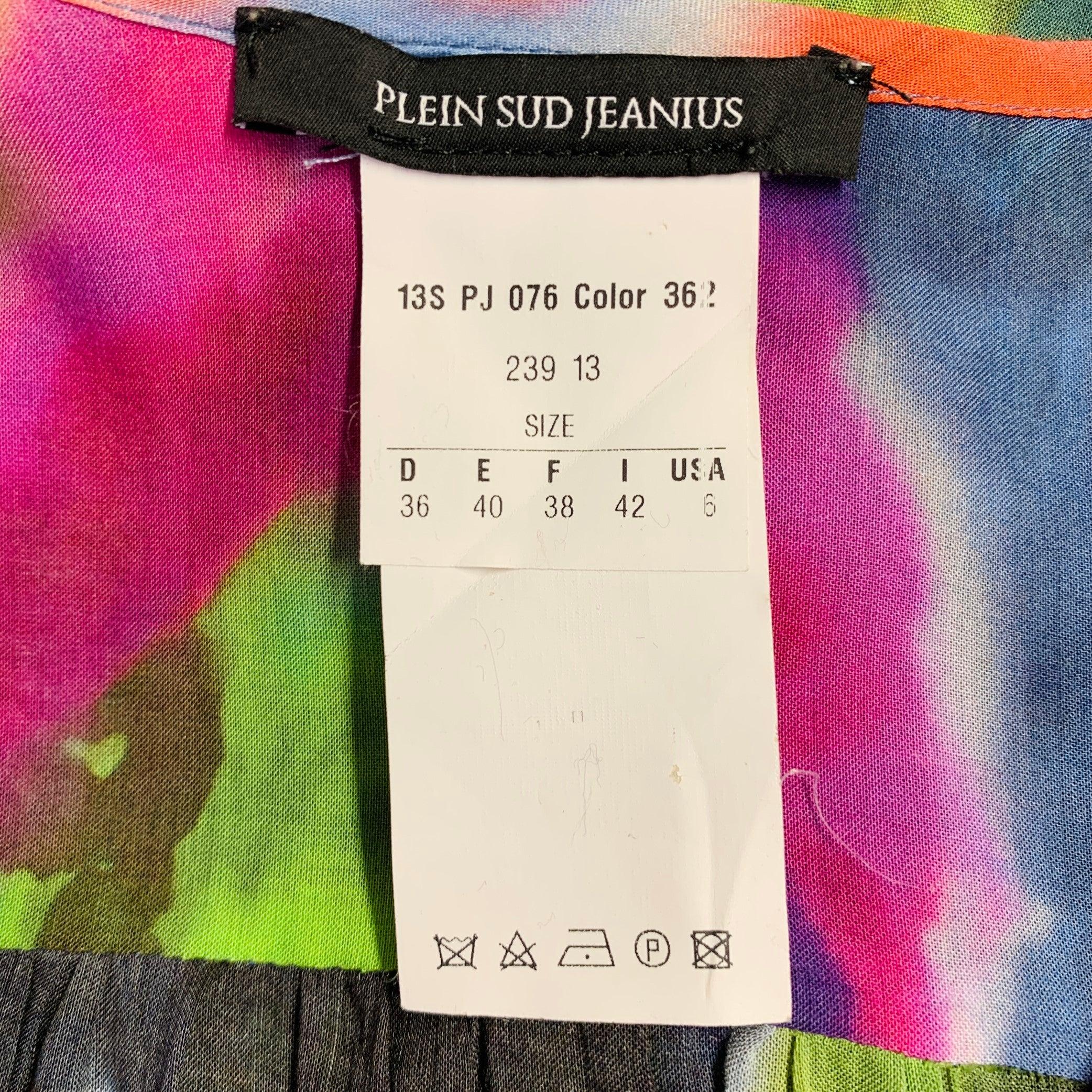 PLEIN SUD Size 6 Multi Color Silk Tie Dye V-Neck Peasant Blouse Casual Top For Sale 1