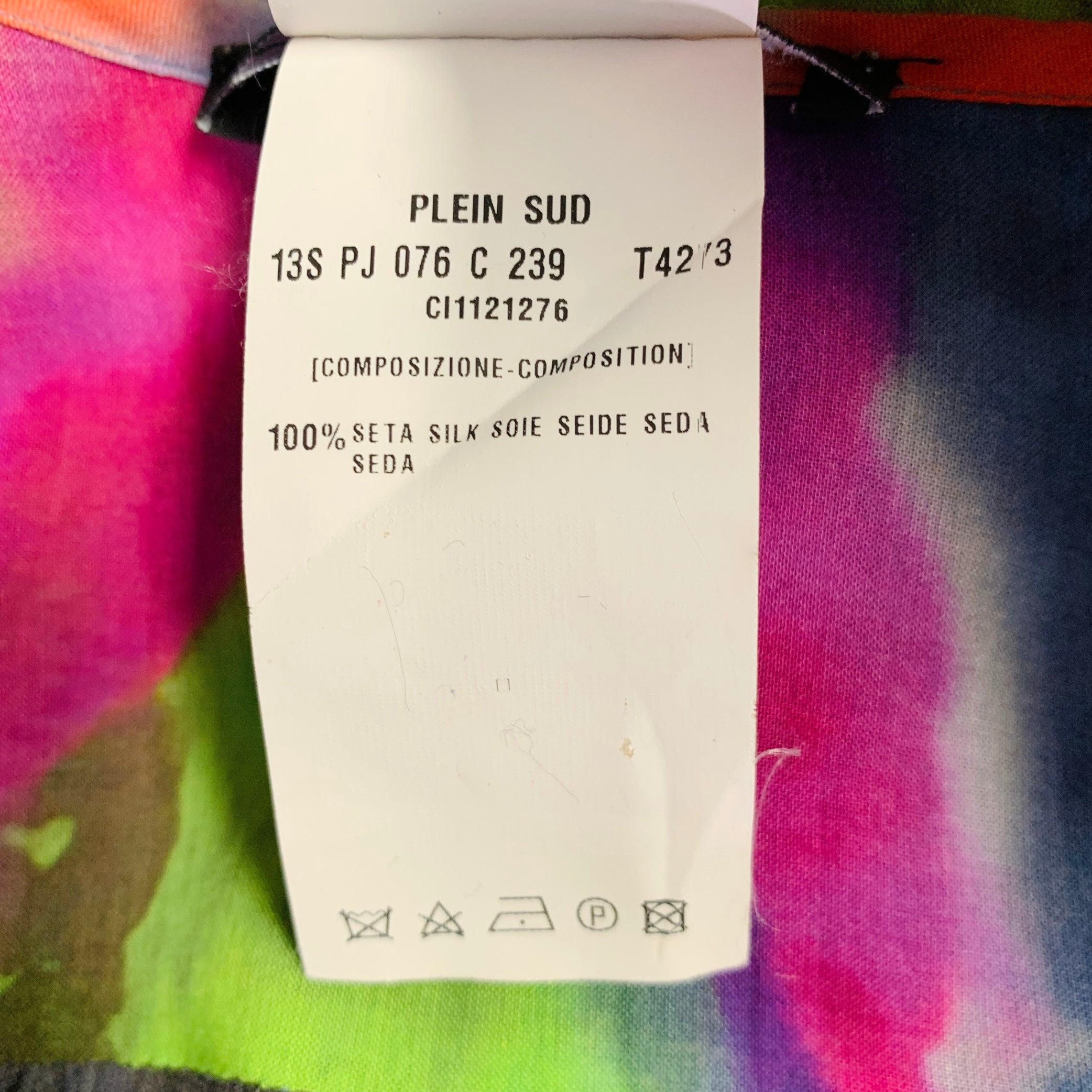 PLEIN SUD Size 6 Multi Color Silk Tie Dye V-Neck Peasant Blouse Casual Top For Sale 2