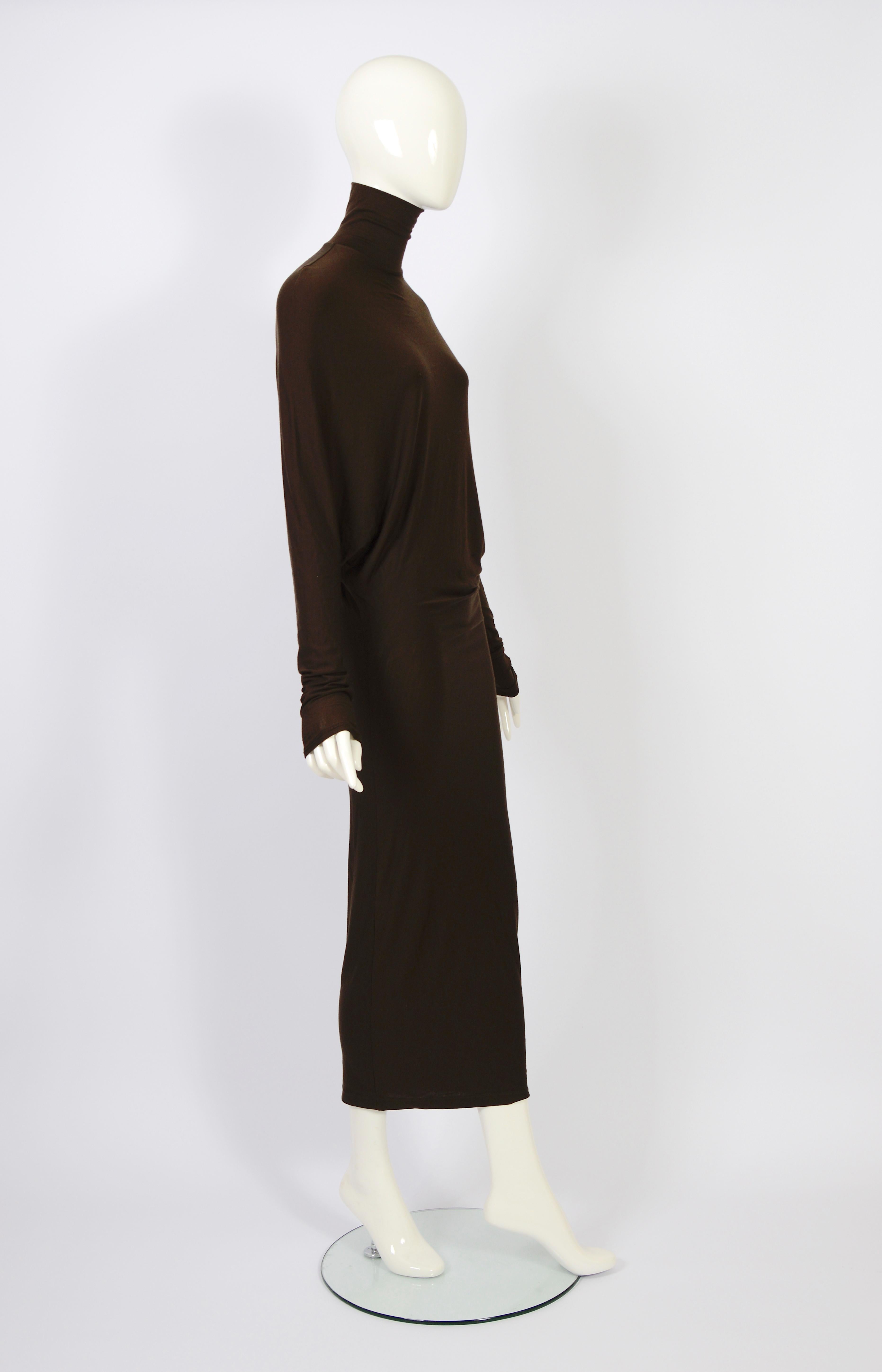 Plein Sud vintage 1990s long brown wool & elastane batwing sleeves dress For Sale 5