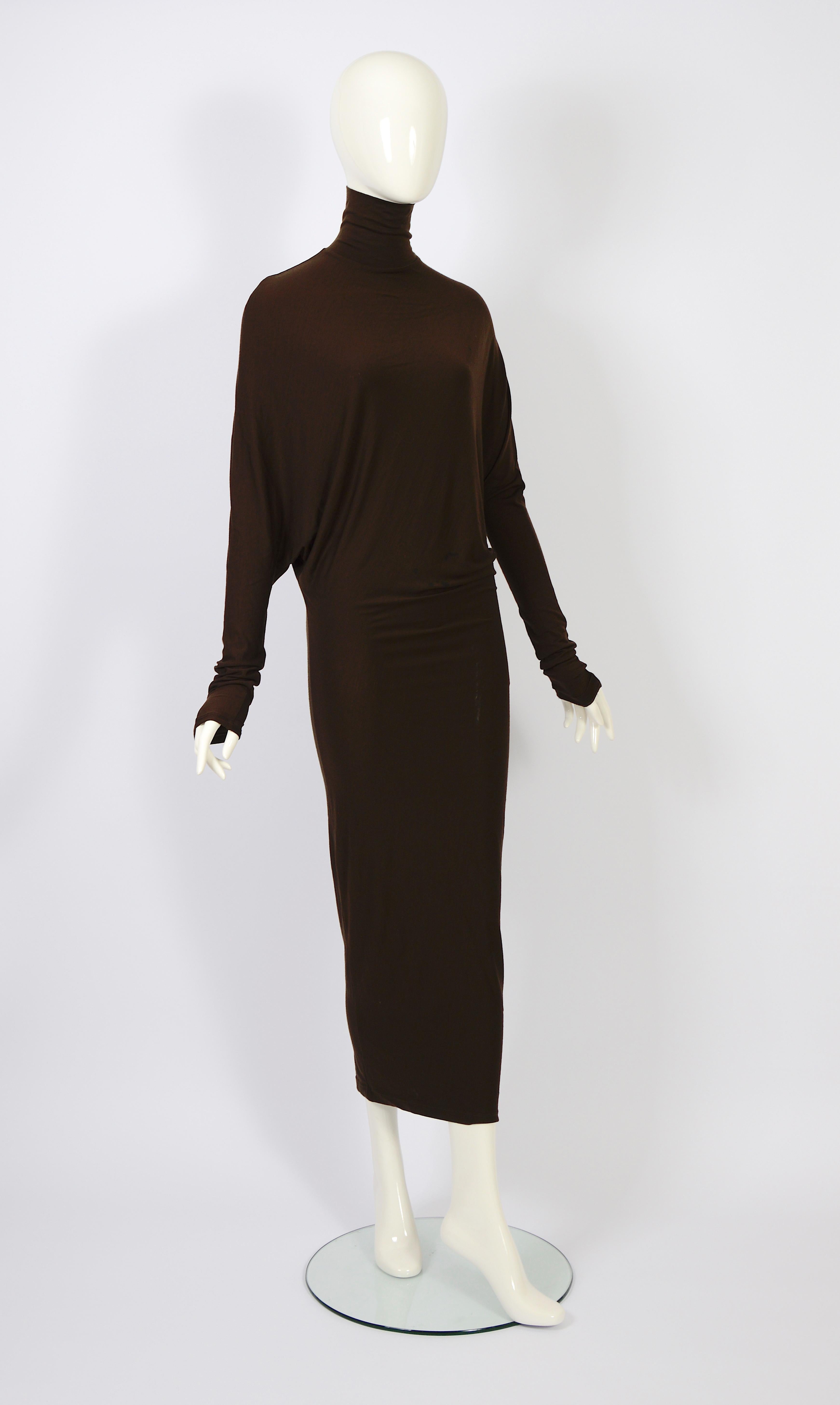 Plein Sud vintage 1990s long brown wool & elastane batwing sleeves dress For Sale 6
