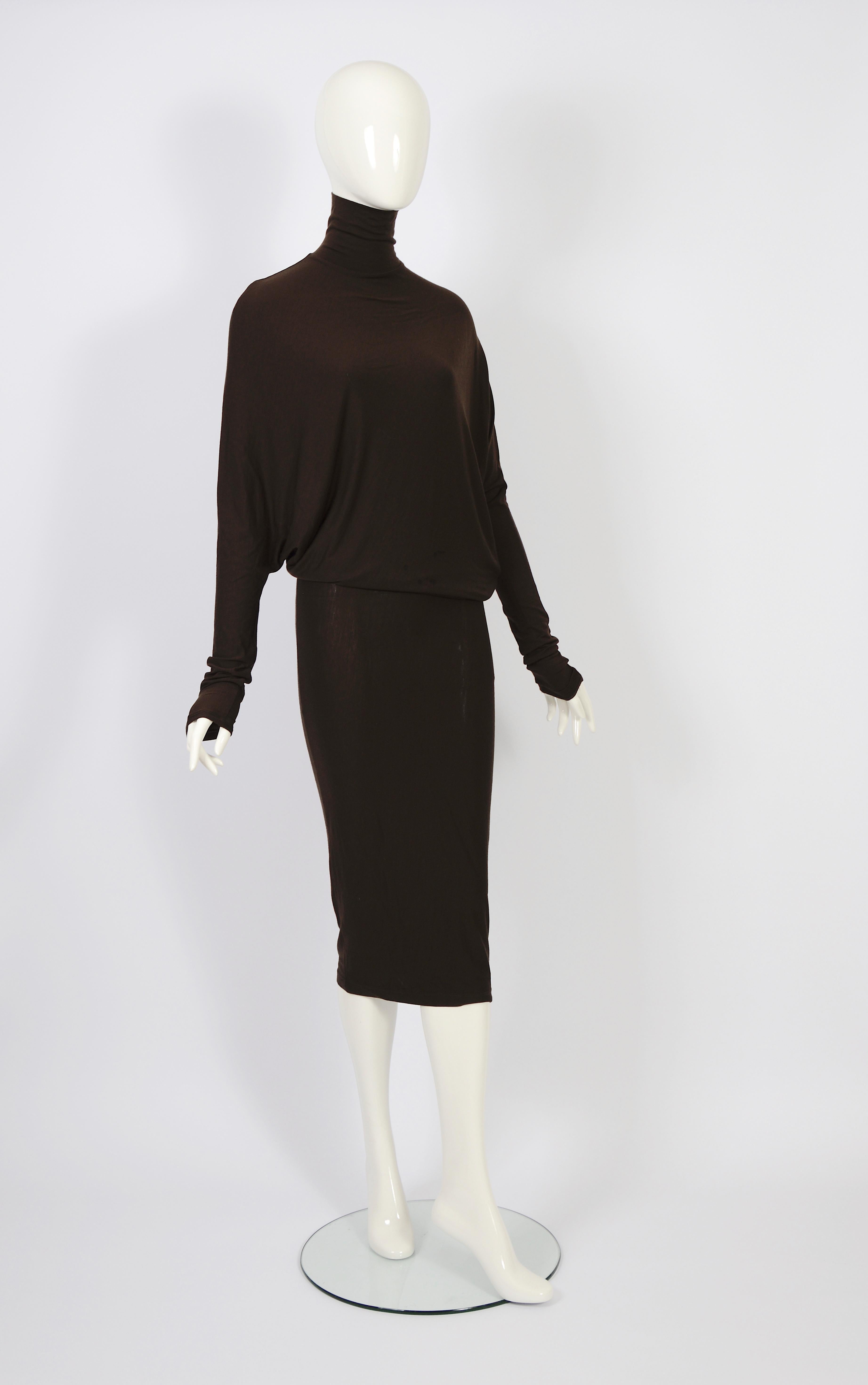 Plein Sud vintage 1990s long brown wool & elastane batwing sleeves dress For Sale 7