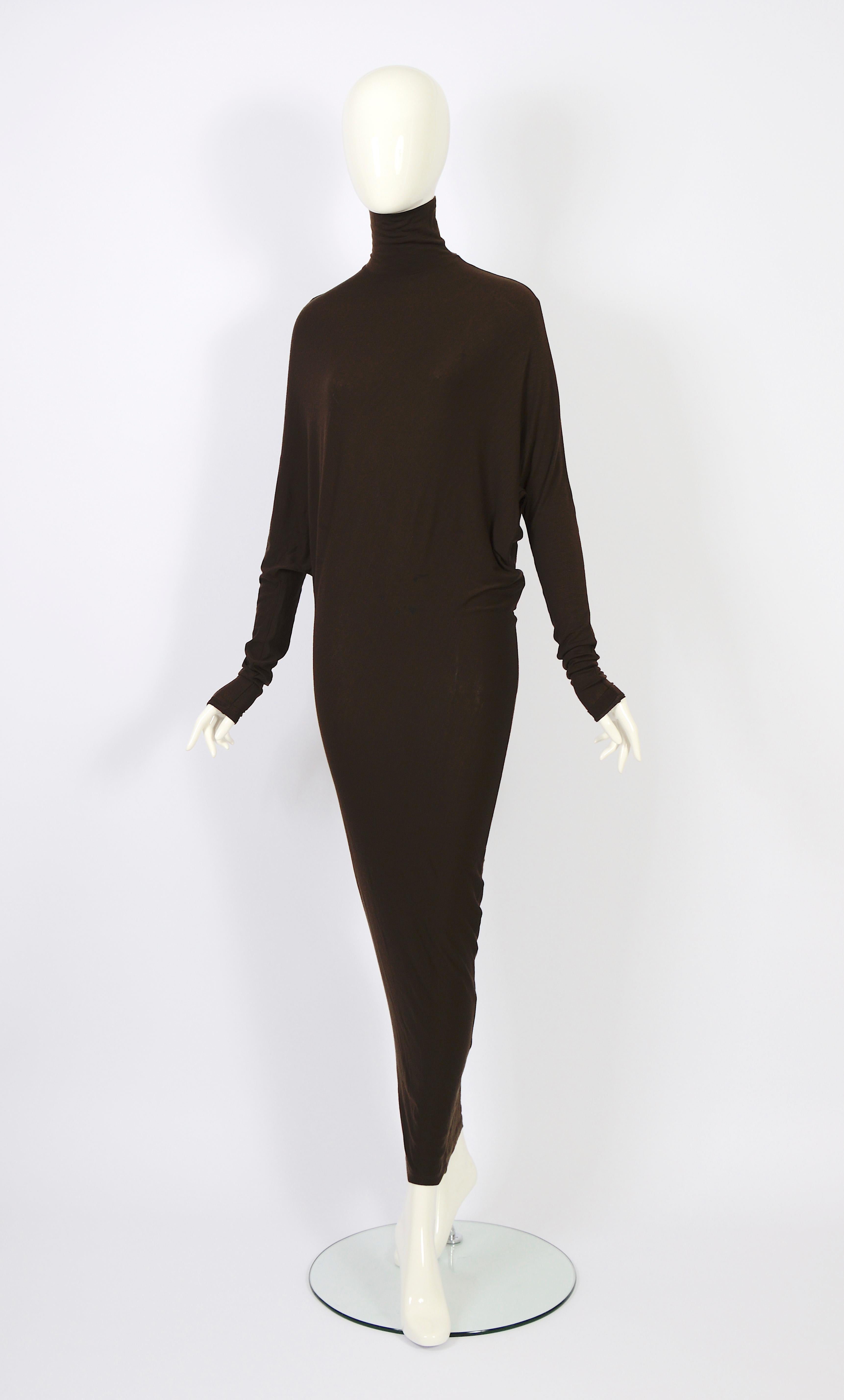 Black Plein Sud vintage 1990s long brown wool & elastane batwing sleeves dress For Sale