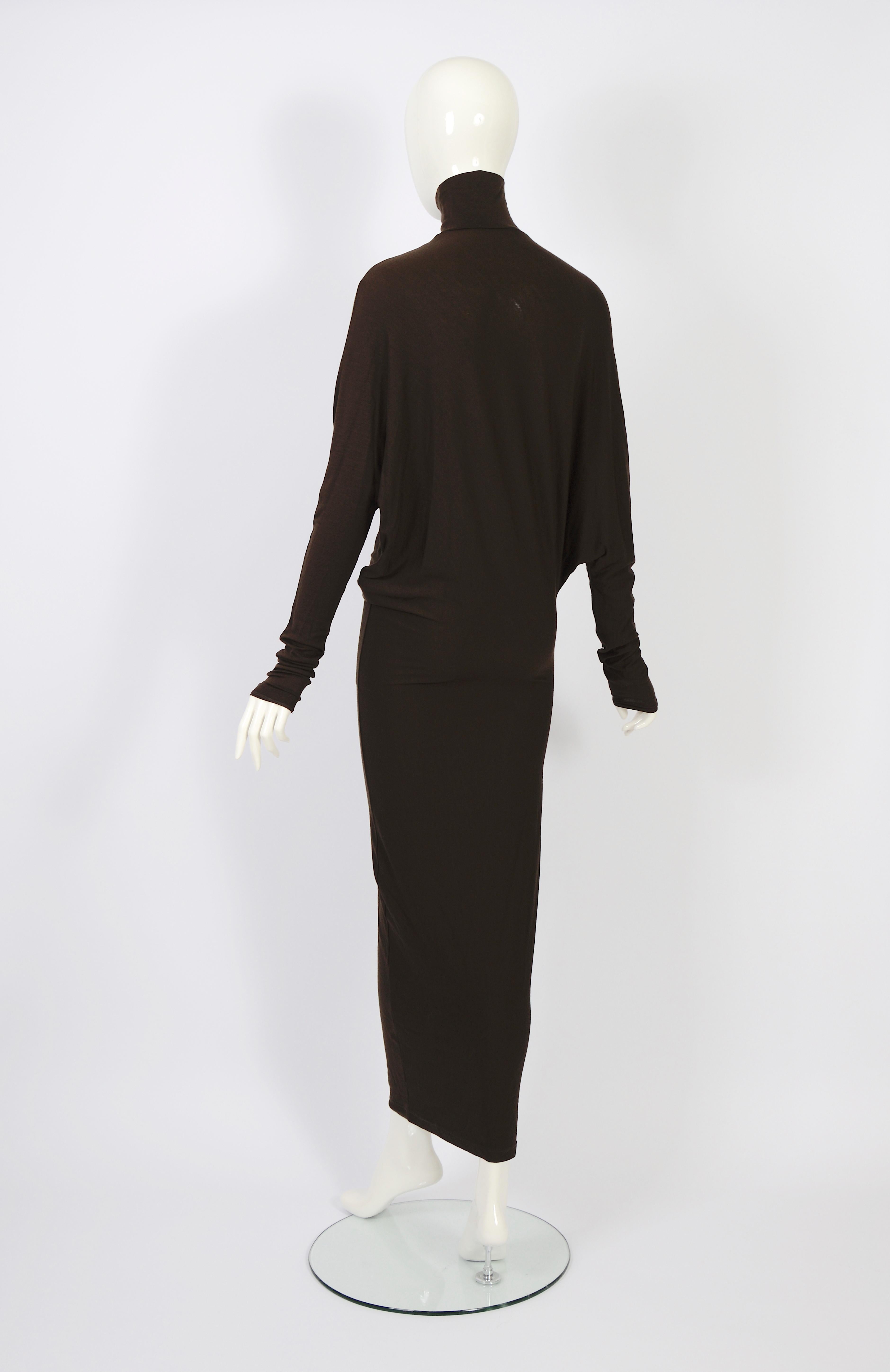 Plein Sud vintage 1990s long brown wool & elastane batwing sleeves dress For Sale 1