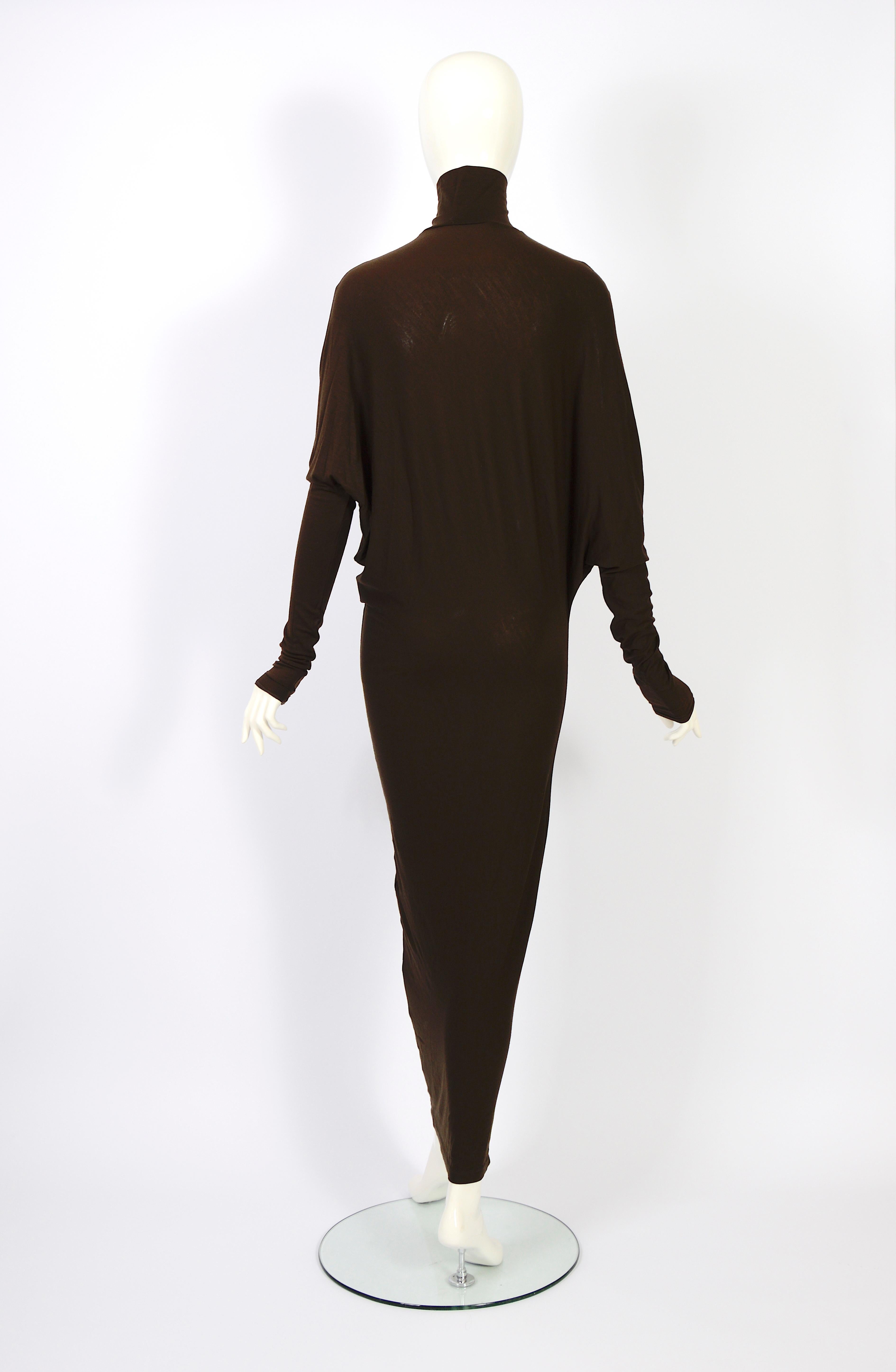 Plein Sud vintage 1990s long brown wool & elastane batwing sleeves dress For Sale 2