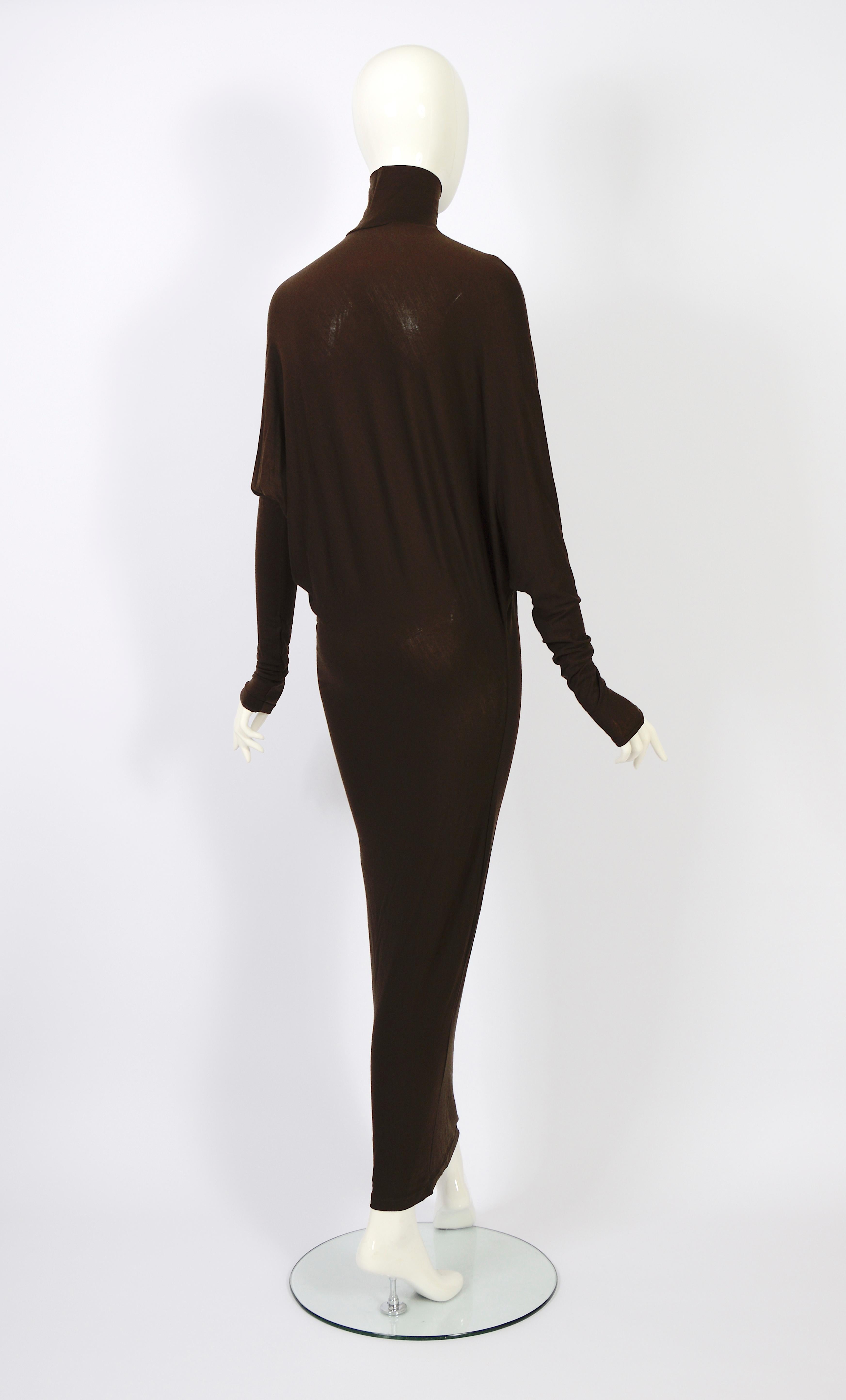 Plein Sud vintage 1990s long brown wool & elastane batwing sleeves dress For Sale 3