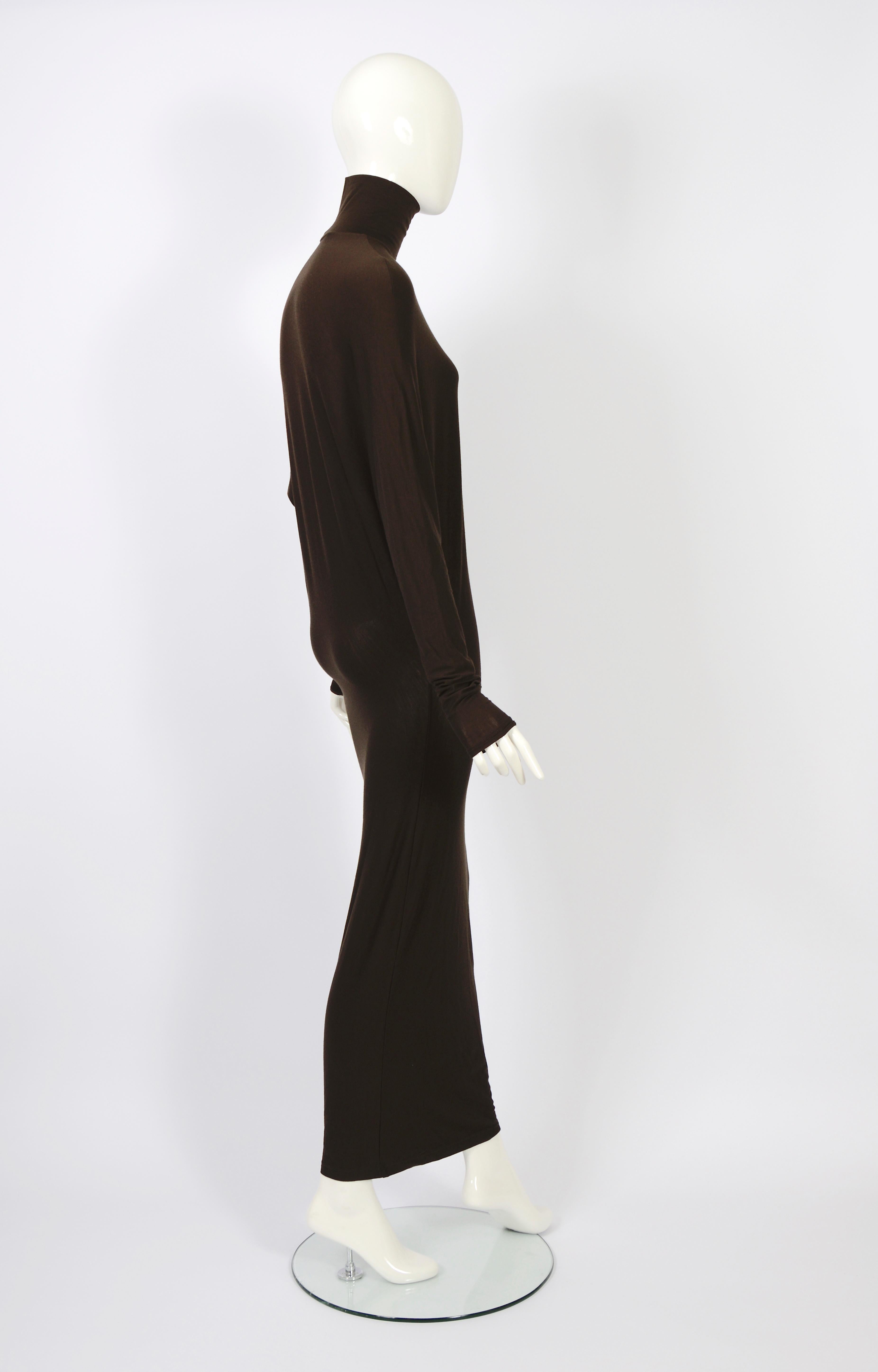 Plein Sud vintage 1990er langes braunes Kleid mit Fledermausärmeln aus Wolle und Elastan im Angebot 4