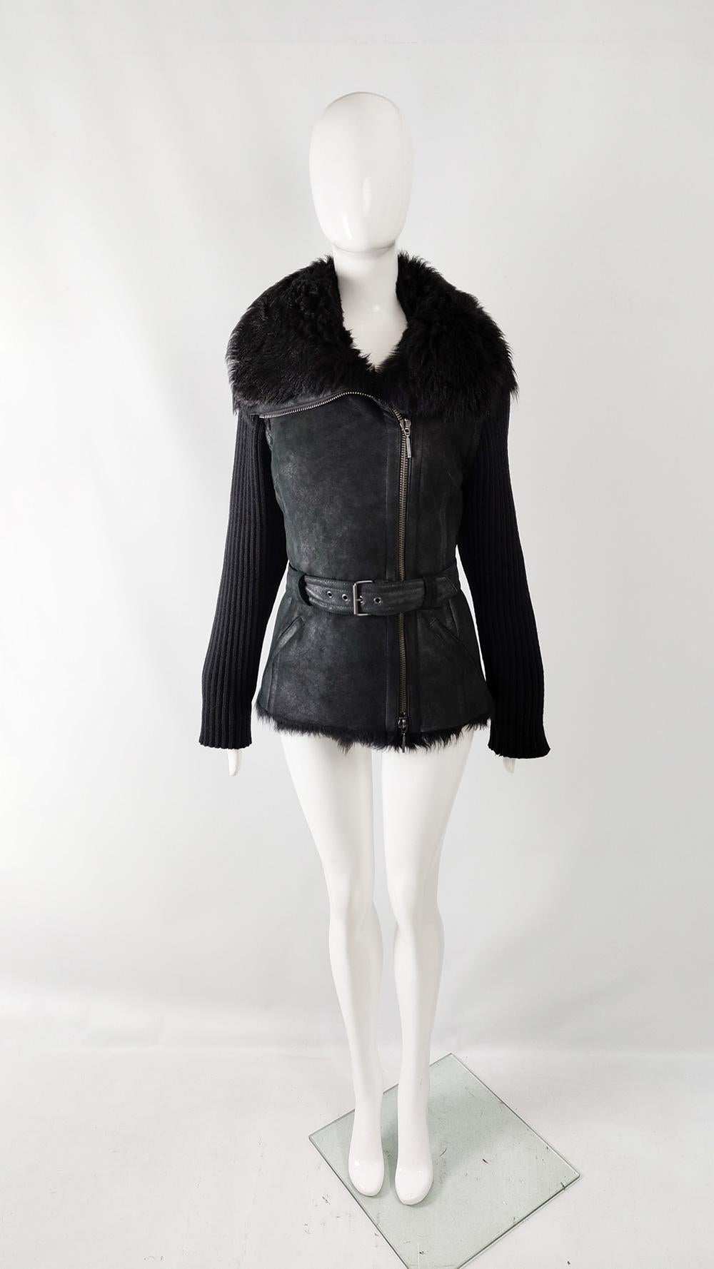 An incredible and rare vintage womens jacket from the 90s by luxury French designer label, Plein Sud for their mainline label. In a luxurious, fairly heavy black sheepskin leather with a warm, black shearling lining and lined wool knit sleeves. It
