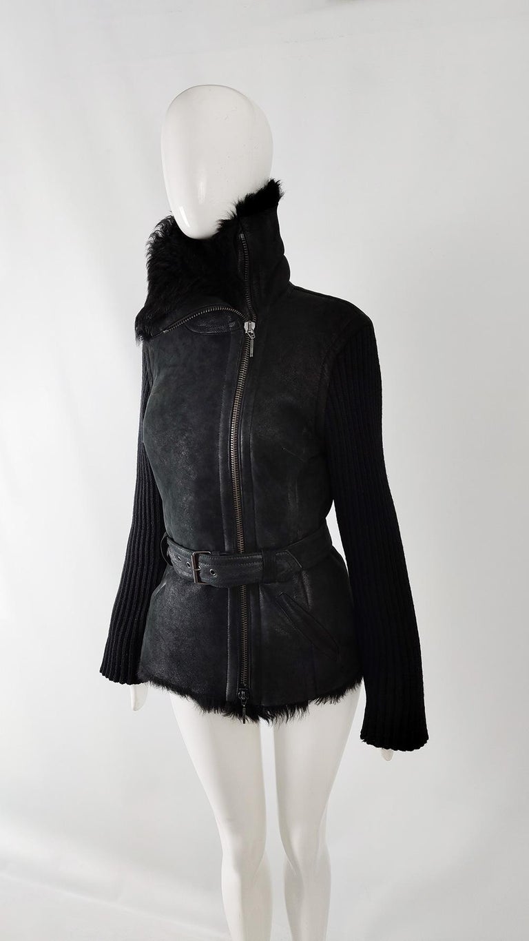 Plein Sud Vintage Black Shearling Sheepskin & Wool Knit Jacket Coat, 1990s In Good Condition For Sale In Doncaster, South Yorkshire