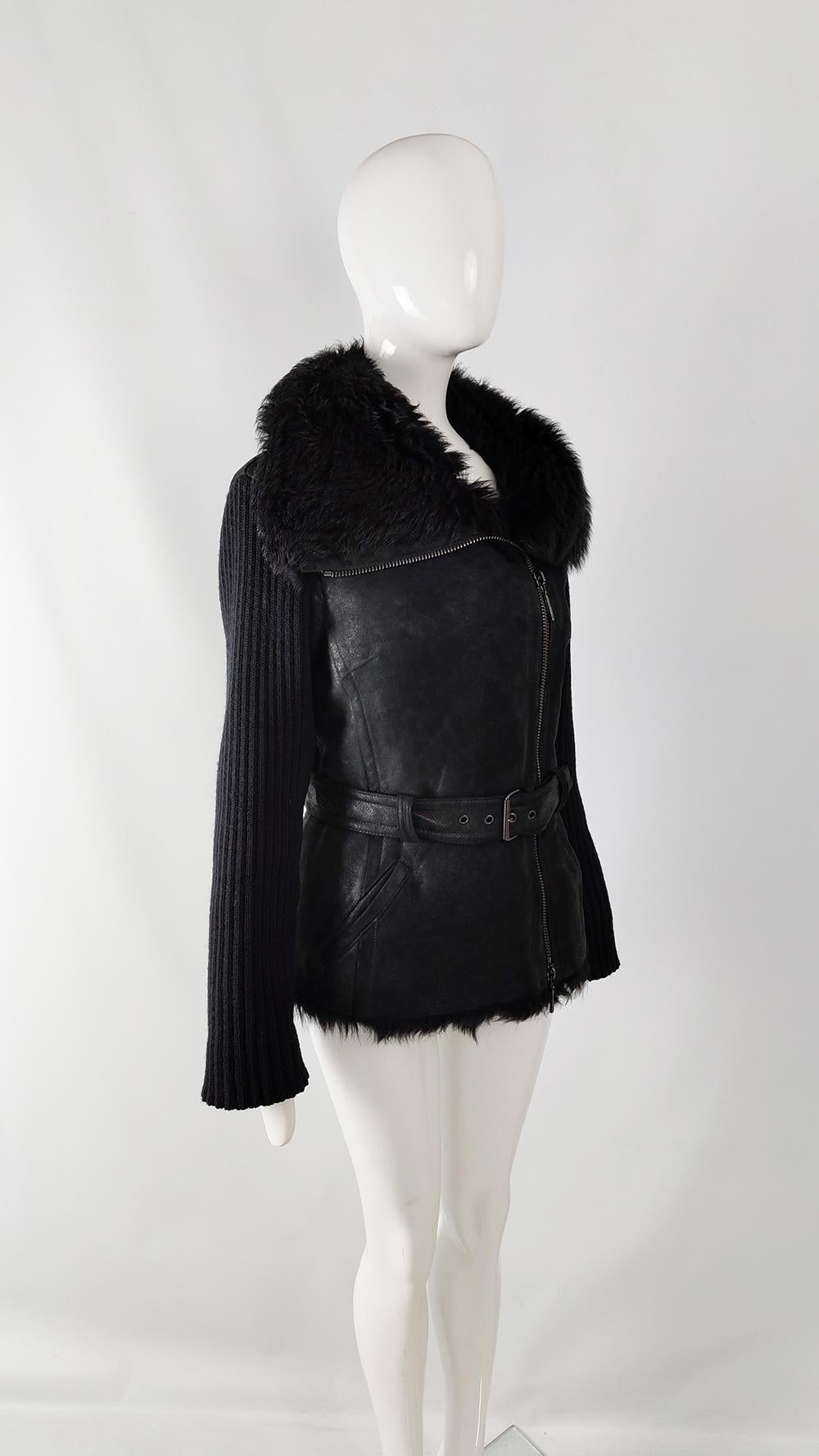 Plein Sud Vintage Black Shearling Sheepskin & Wool Knit Jacket Coat, 1990s In Good Condition For Sale In Doncaster, South Yorkshire