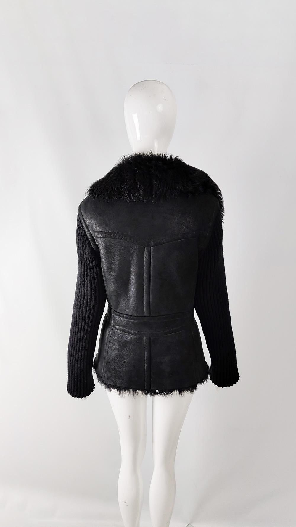 Women's Plein Sud Vintage Black Shearling Sheepskin & Wool Knit Jacket Coat, 1990s For Sale