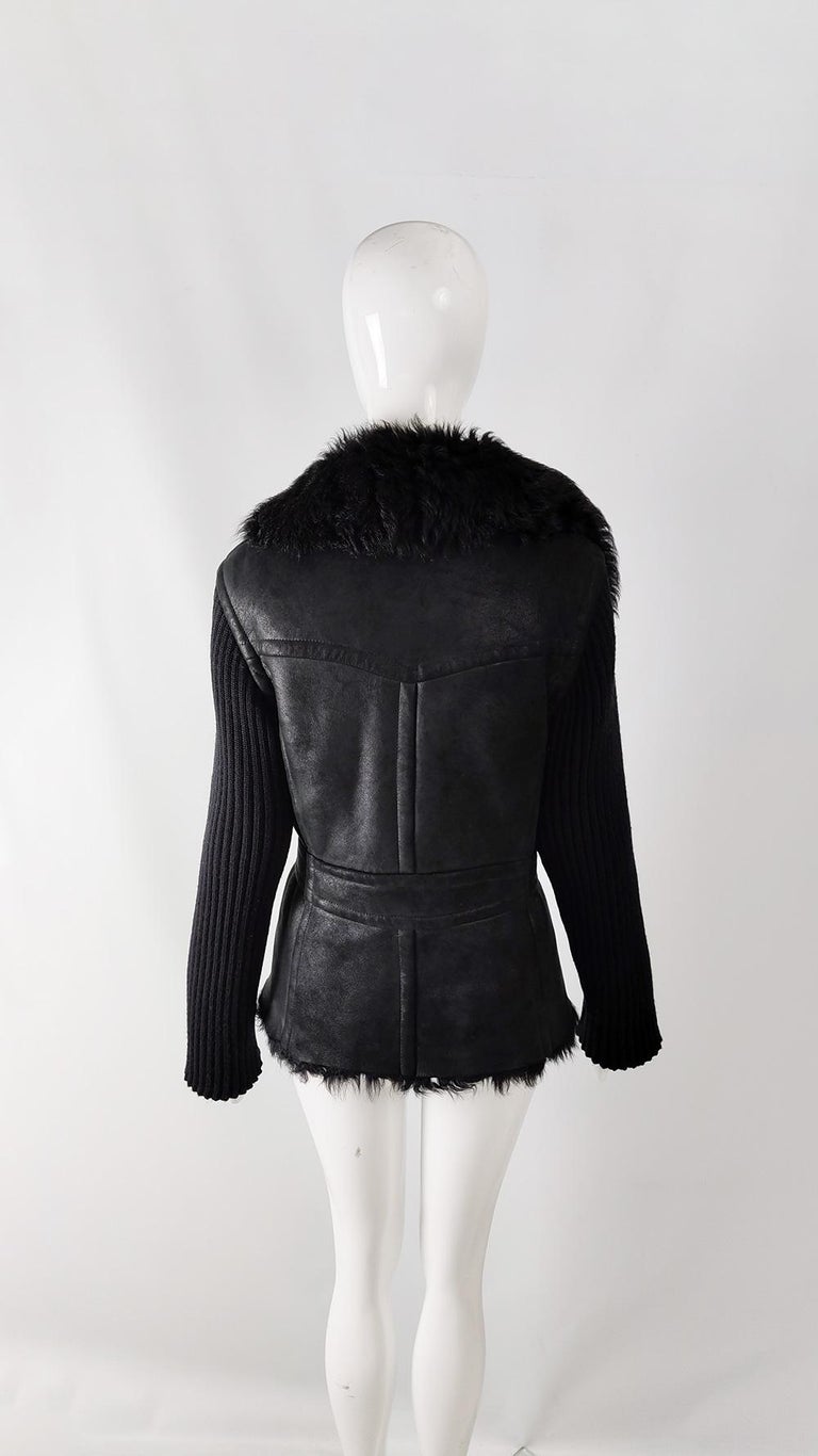 Plein Sud Vintage Black Shearling Sheepskin & Wool Knit Jacket Coat, 1990s For Sale 2