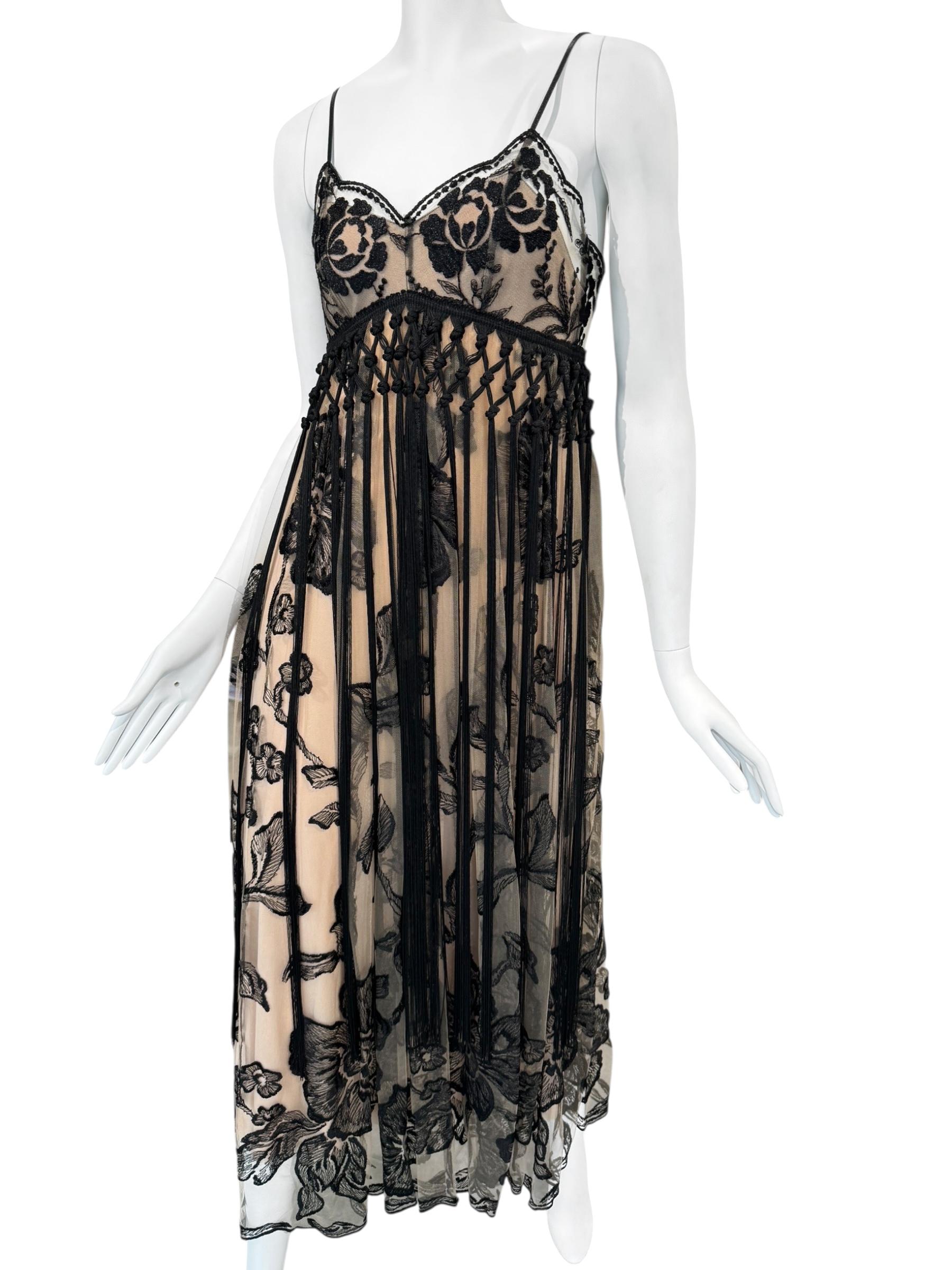 Women's or Men's PLElN SUD FAYÇAL AMOR 2019 BEIGE & BLACK FLORAL FRINGES MAXI DRESS For Sale