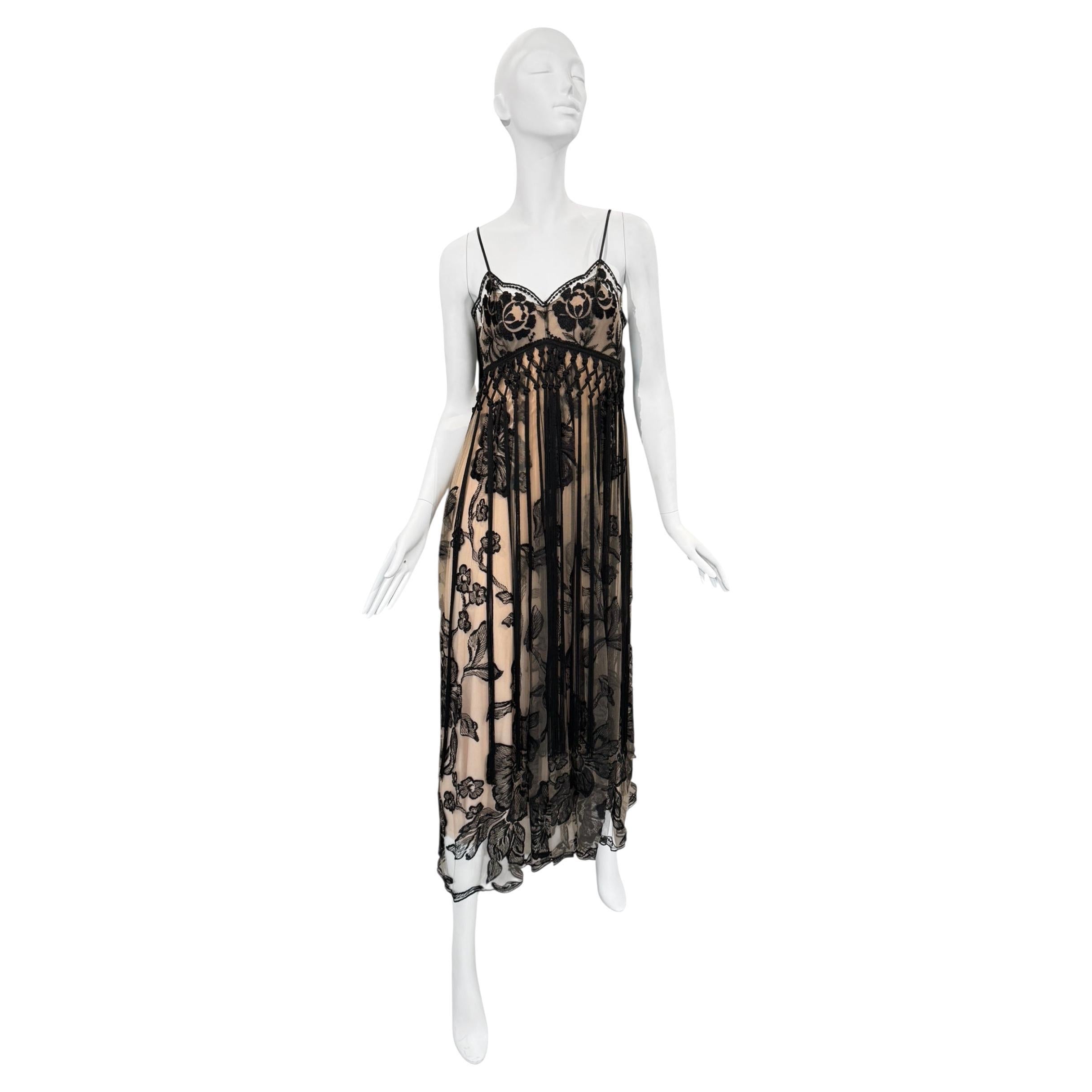 PLElN SUD FAYÇAL AMOR 2019 BEIGE & BLACK FLORAL FRINGES MAXI DRESS For Sale