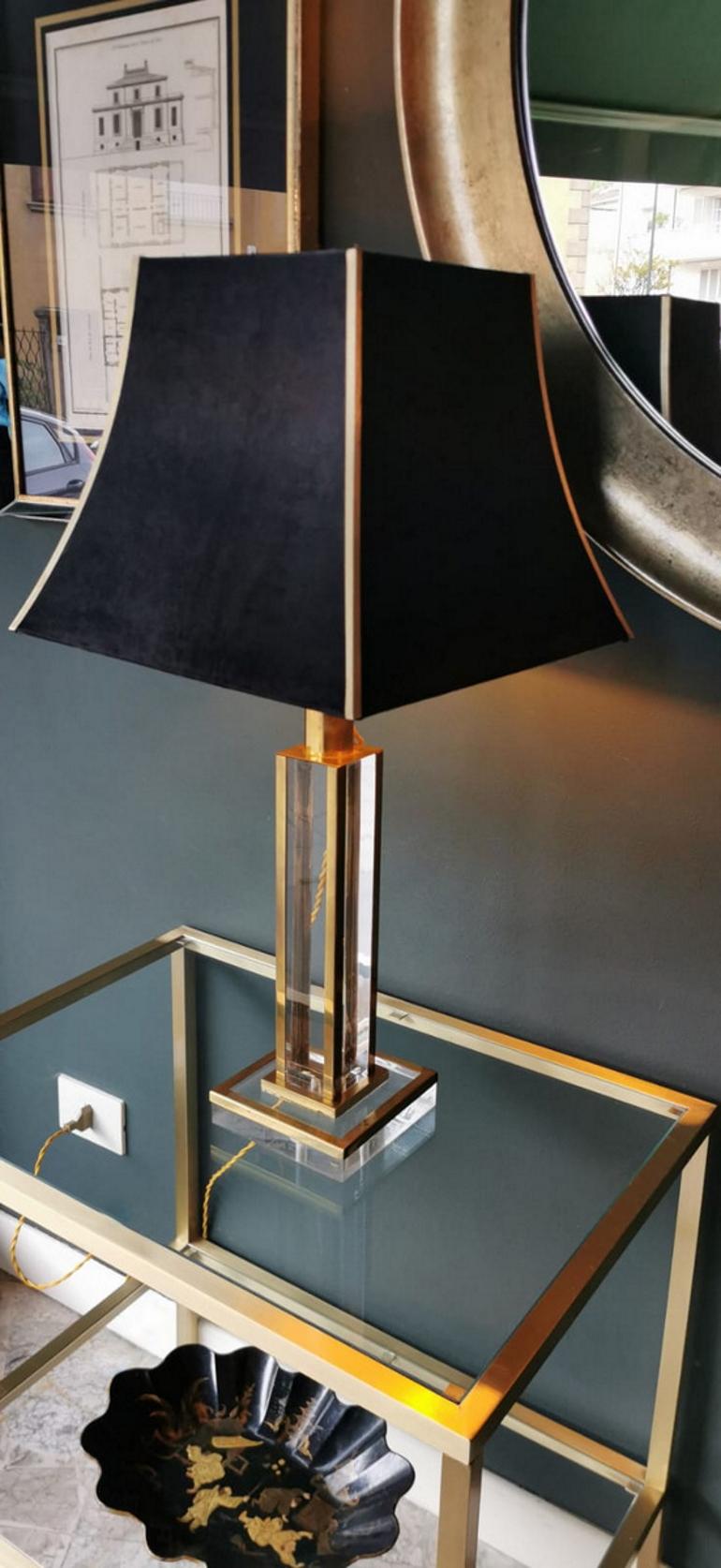 Italian Plexiglas and Brass Lamp with Satin Lampshade 7