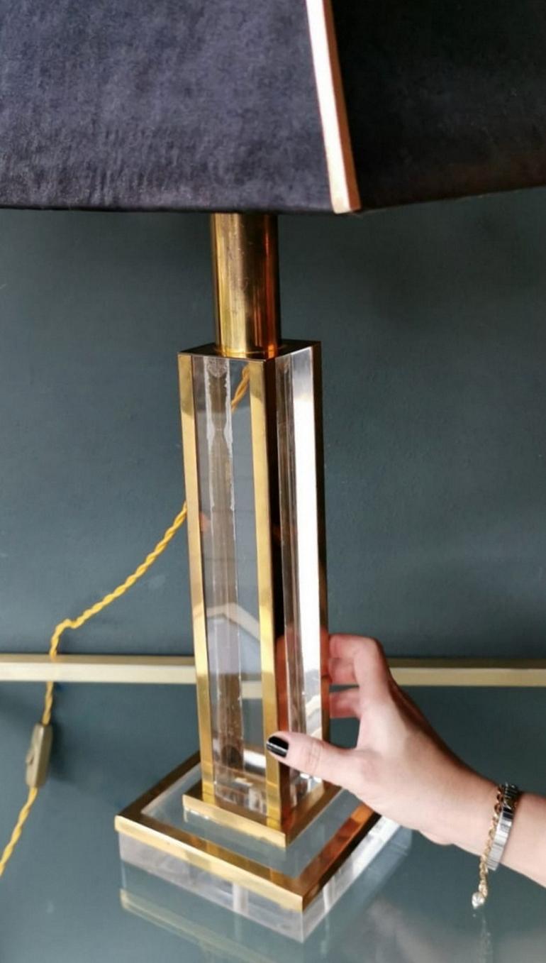Italian Plexiglas and Brass Lamp with Satin Lampshade 8