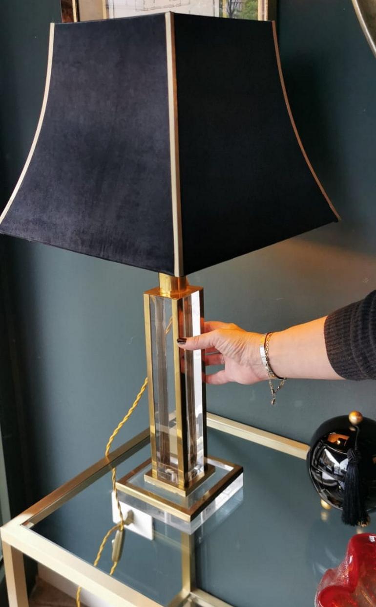 Italian Plexiglas and Brass Lamp with Satin Lampshade 9