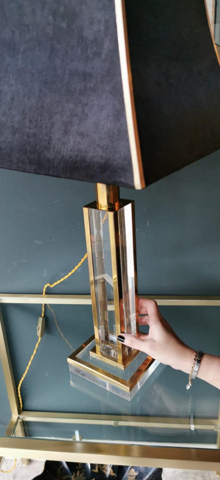 Italian Plexiglas and Brass Lamp with Satin Lampshade 10