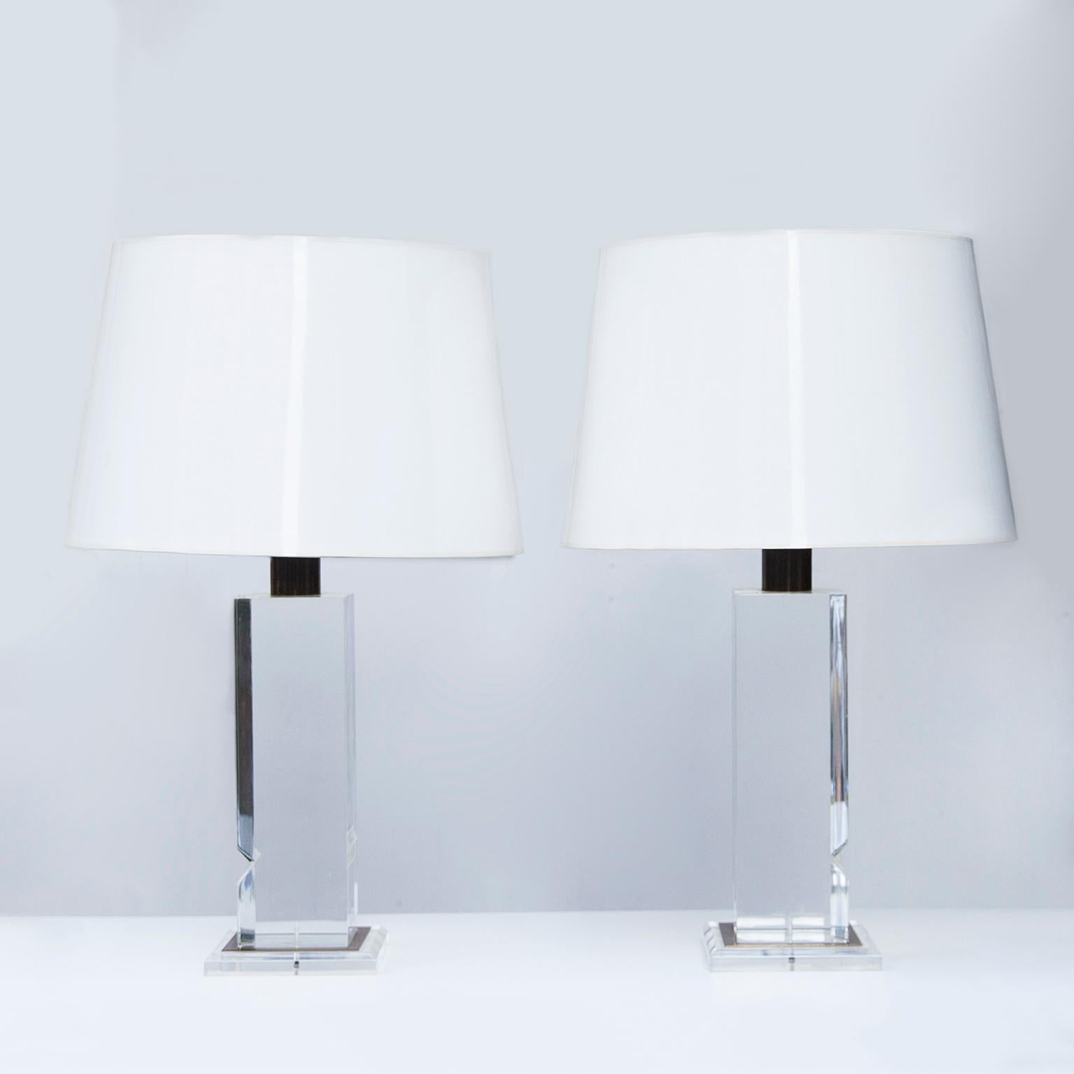 Wonderful French Lucite table lamps new white and inside golden paper shades, France 1970s.