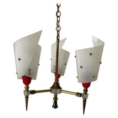 Plexiglass and Brass 3-Arm Pendant Lamp by Pierre Guariche, 1950s, France