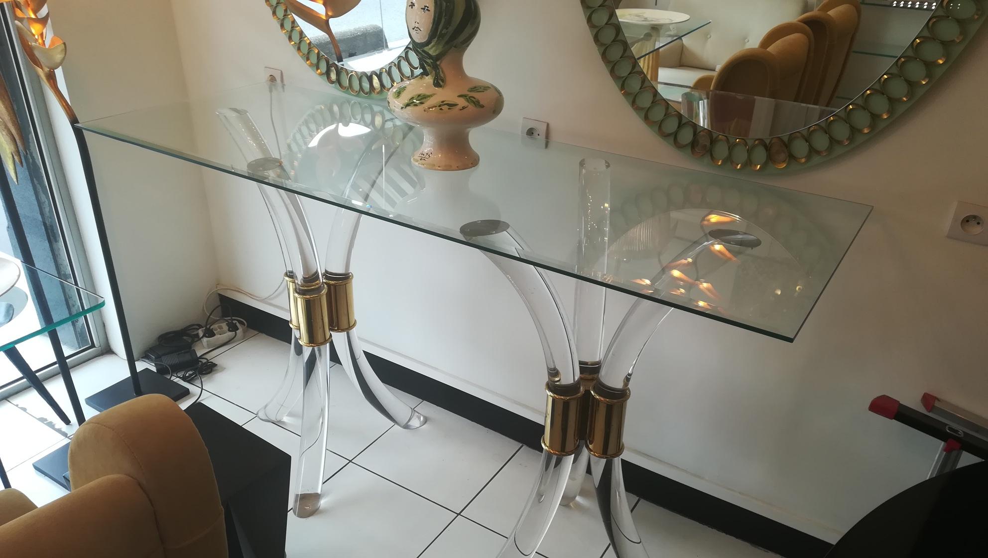 Mid-Century Modern Plexiglass and Brass Console Circa 1970, with glass Tray For Sale
