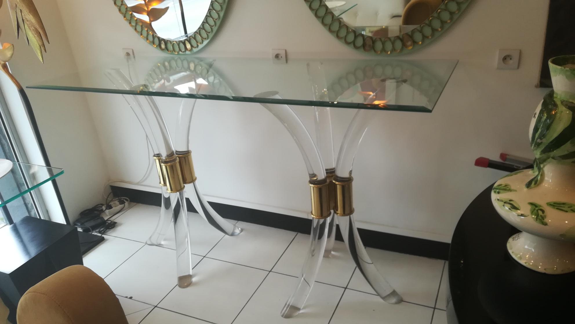 French Plexiglass and Brass Console Circa 1970, with glass Tray For Sale