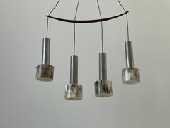 Plexiglass and Metal Four-shade Chandelier with Teak Rod, 1960s, Italy