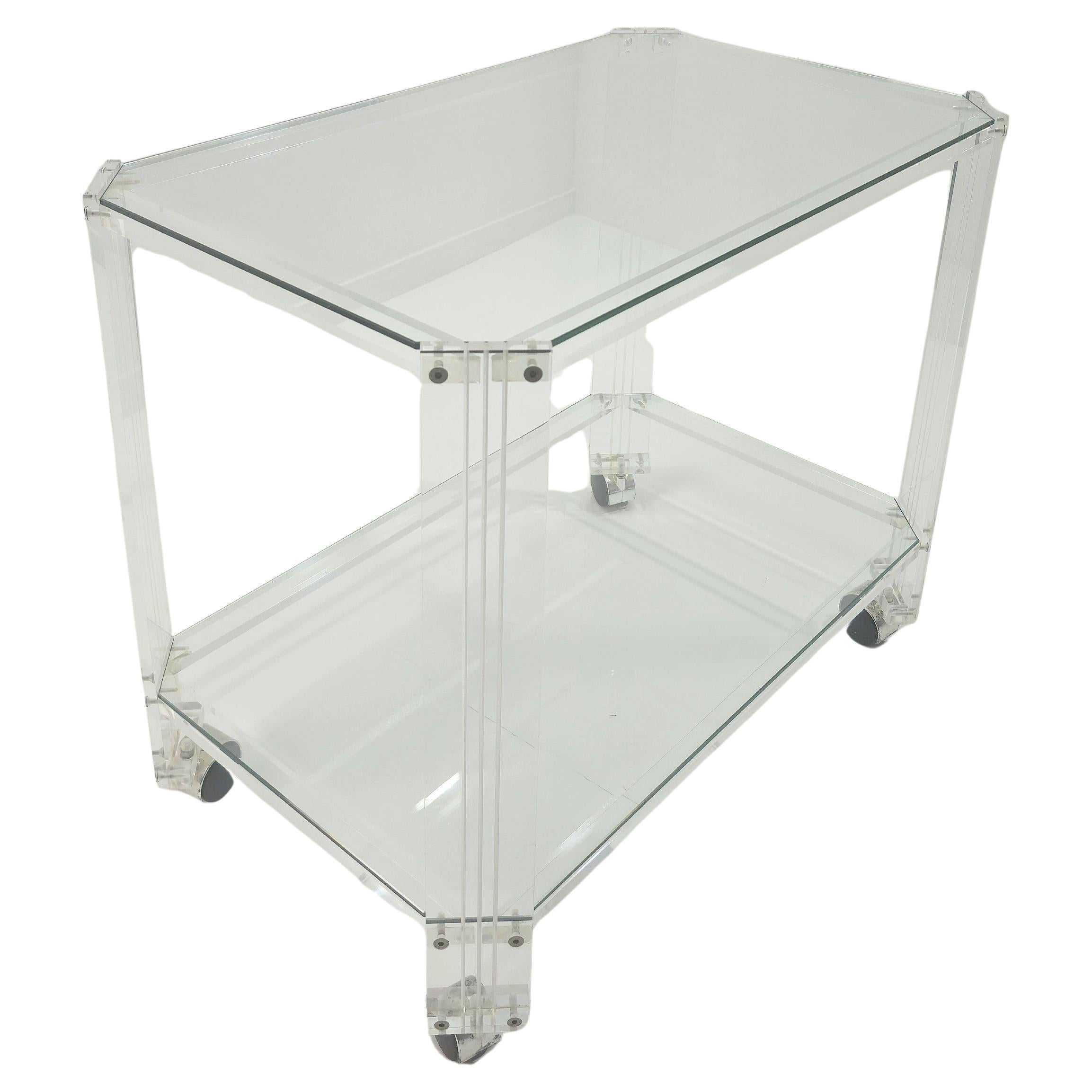 Barwagen aus Plexiglas mit zwei Glasböden, Mid-Century Modern Italien 70/80er Jahre