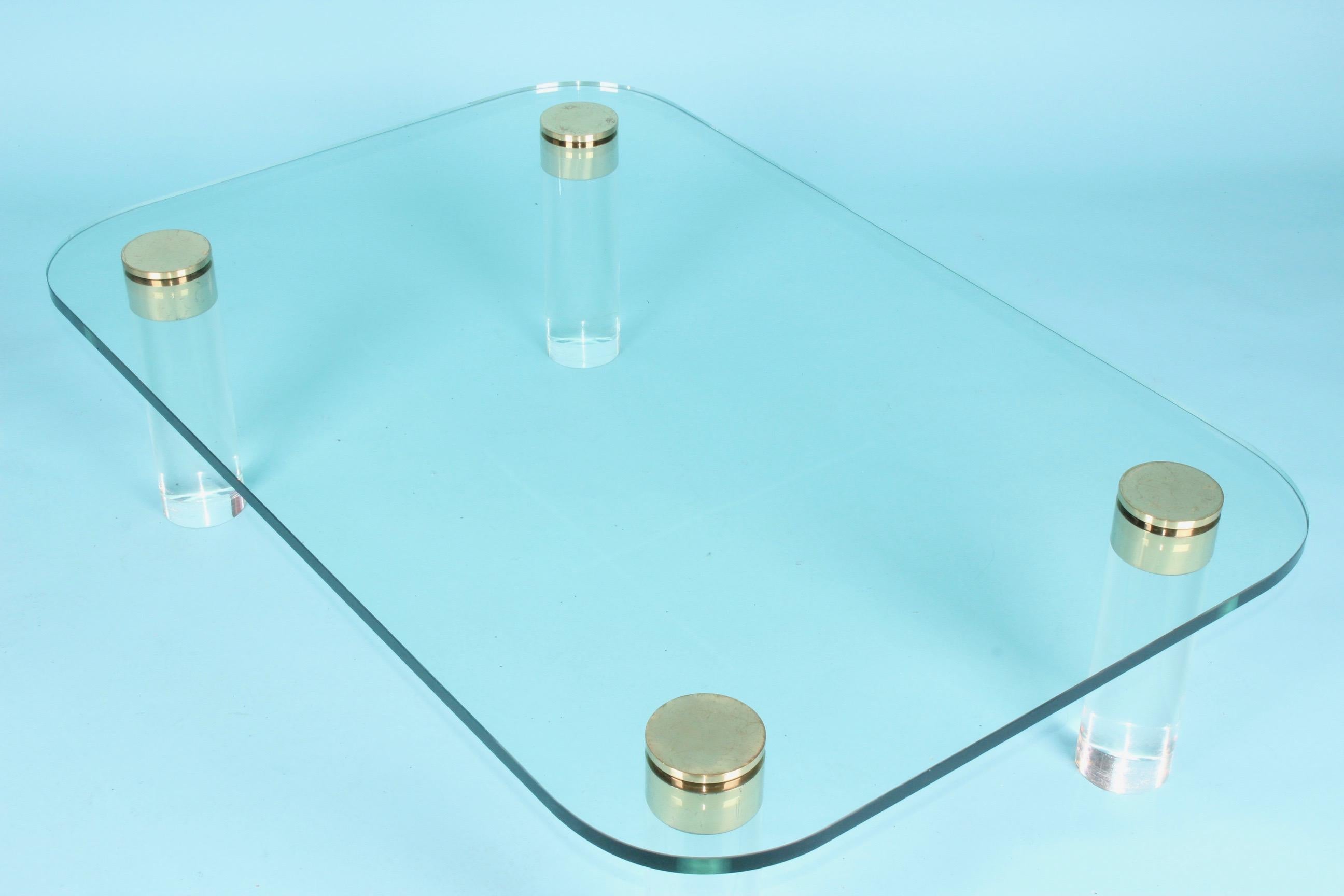 European Plexiglas Brass and Glass Coffee Table