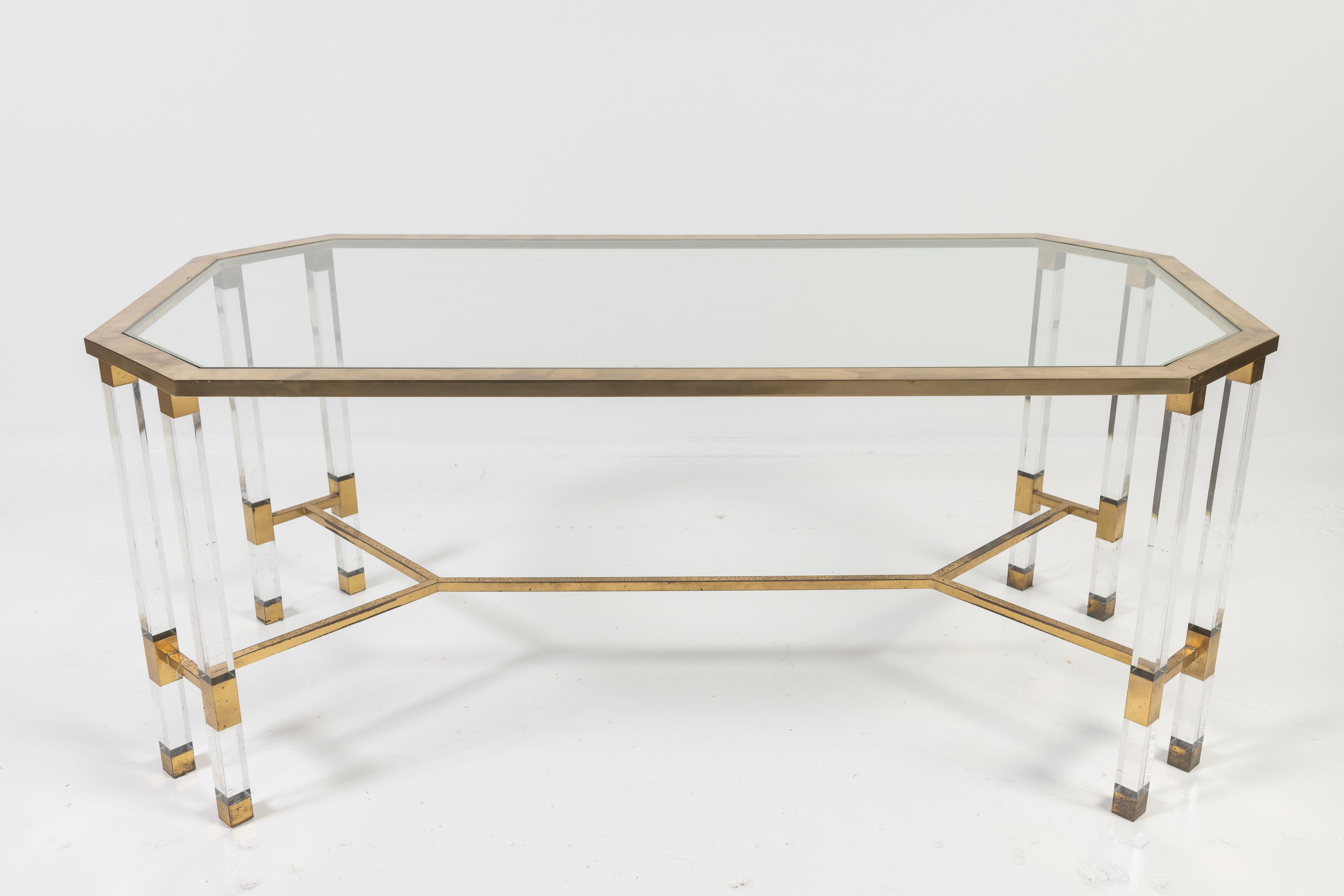 Plexiglass, Glass and Brass Dining Table in the Style of Charles Hollis Jones In Good Condition For Sale In San Francisco, CA